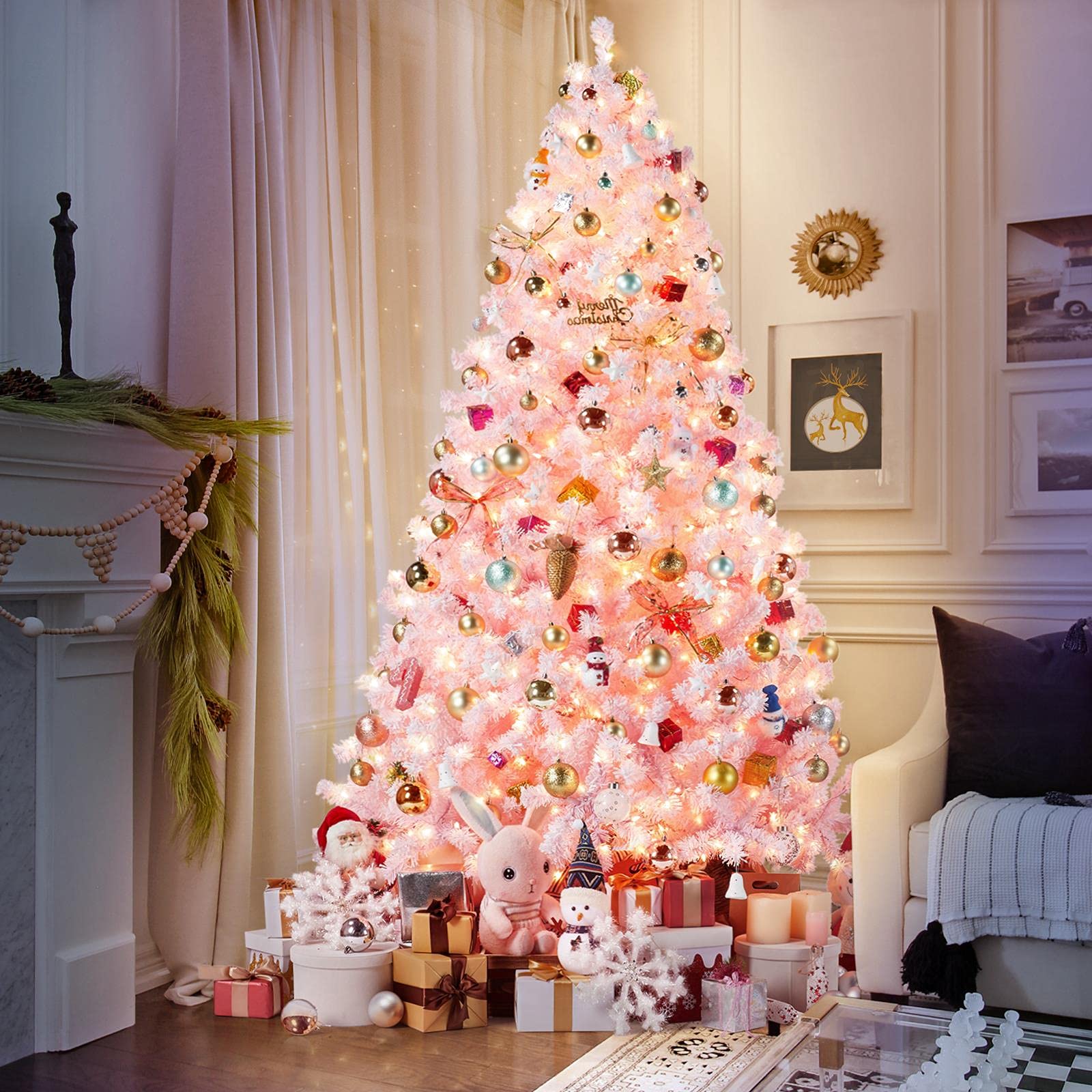 Foto 2 | Árbol De Navidad Yaheetech De 2,28 M, Preiluminado, Con Nieve Flocada, Color Rosa - Venta Internacional.