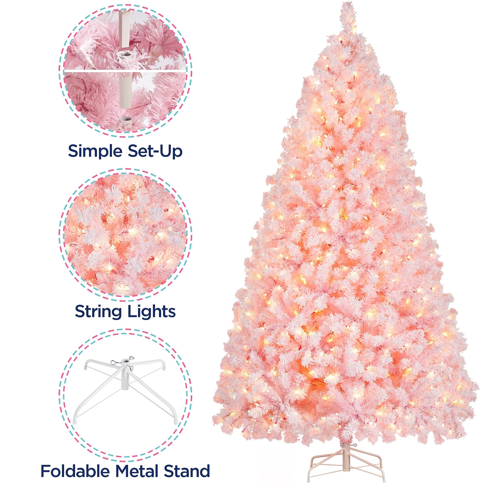 Foto 4 | Árbol De Navidad Yaheetech De 2,28 M, Preiluminado, Con Nieve Flocada, Color Rosa - Venta Internacional.