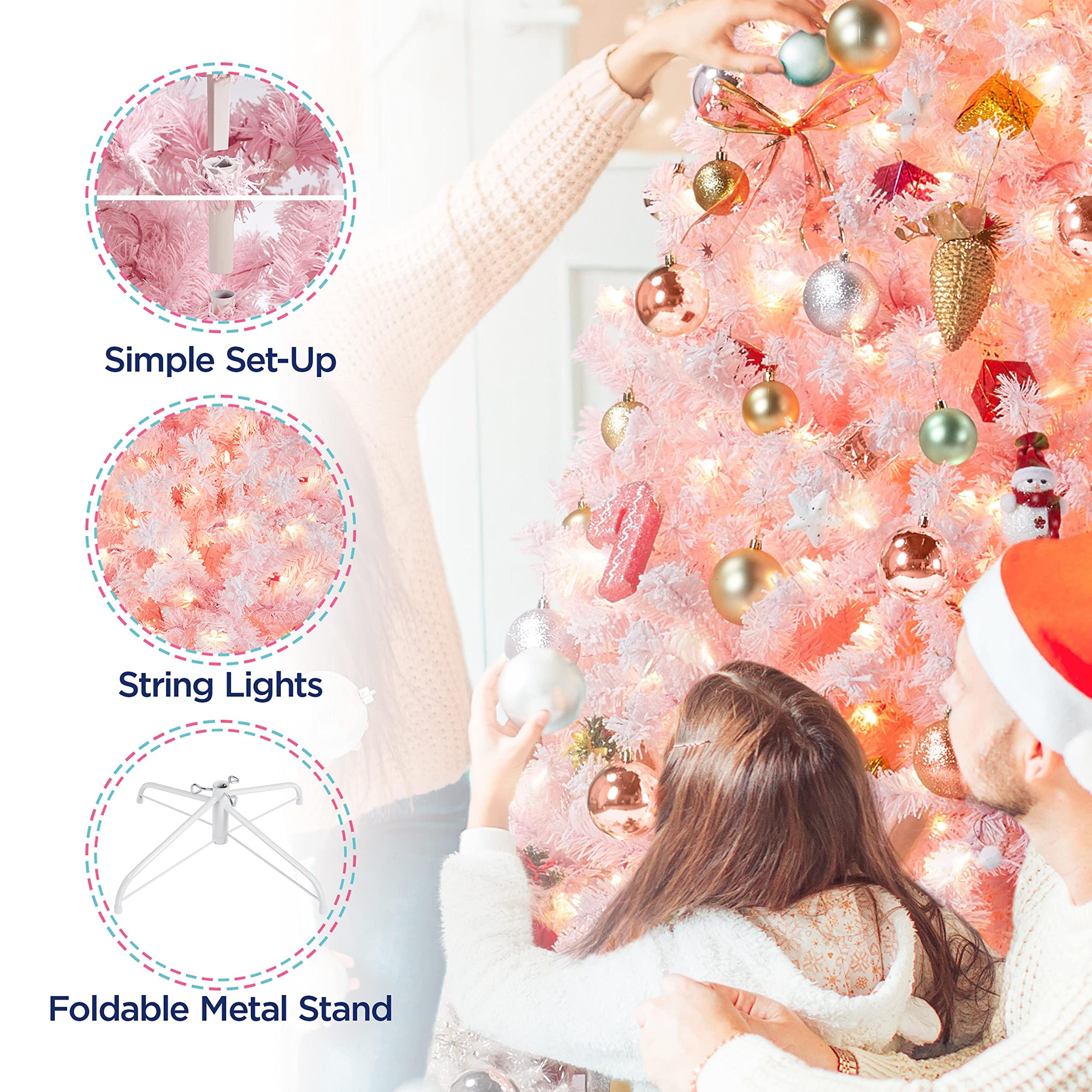 Foto 4 | Árbol De Navidad Yaheetech De 1,4 M Con 105 Luces Incandescentes, Color Rosa - Venta Internacional.