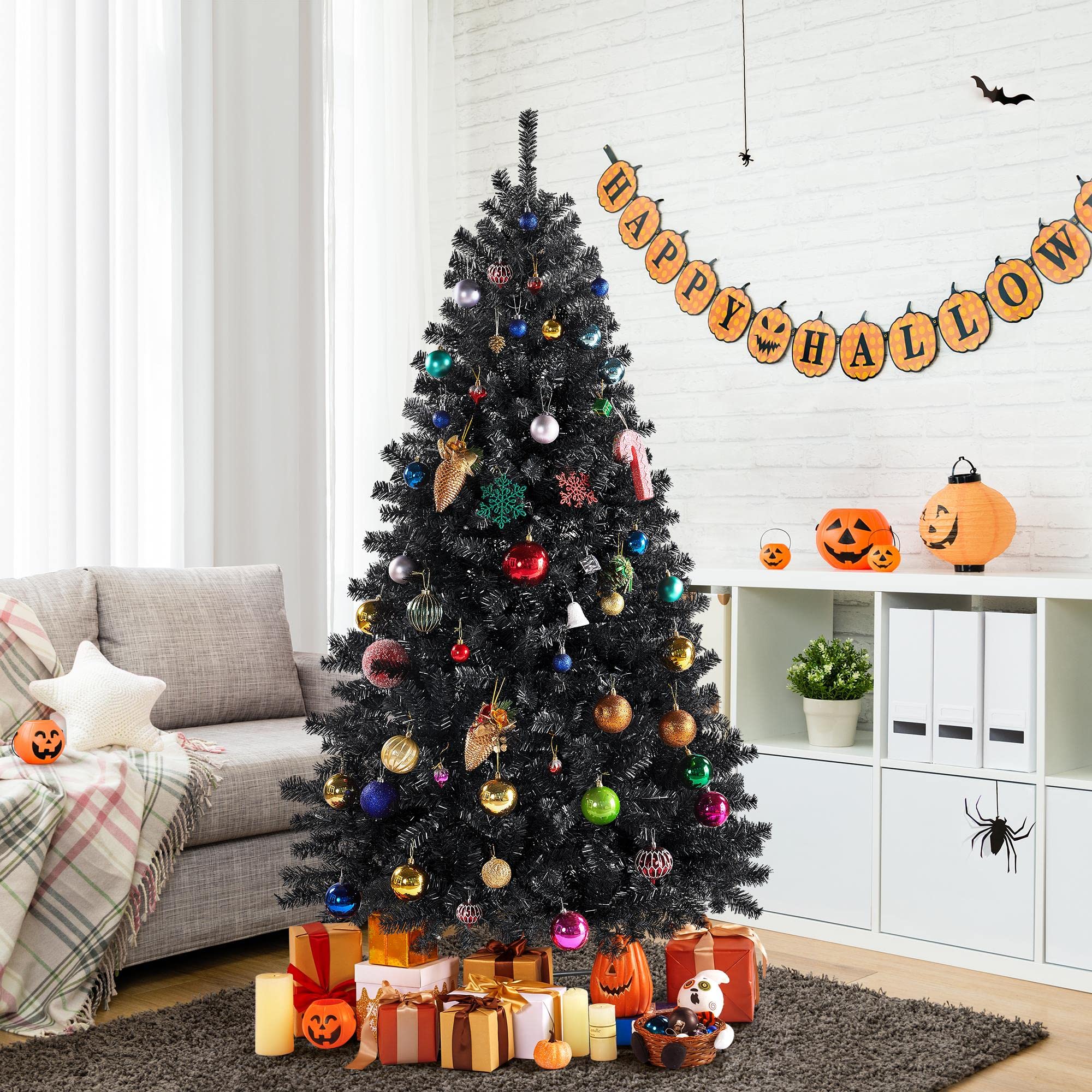 Foto 4 pulgar | Árbol De Navidad Yaheetech De 6 Pies Preiluminado Para Halloween, Abeto Negro - Venta Internacional.
