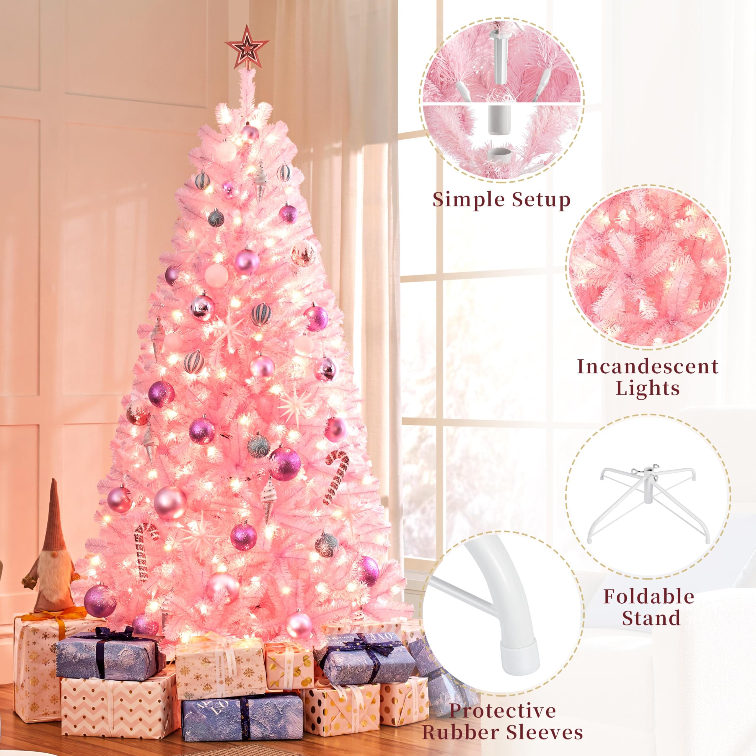 Foto 5 pulgar | Árbol De Navidad Yaheetech Artificial Preiluminado De 2,28 M, Rosa Con 550 Luces - Venta Internacional.
