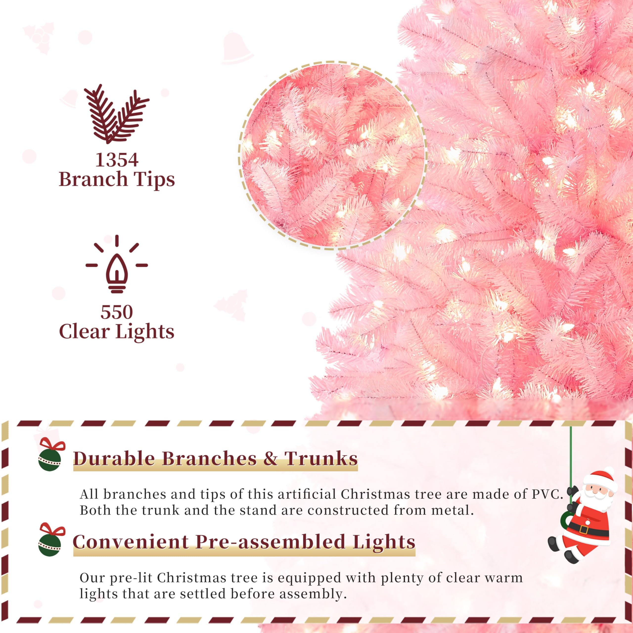 Foto 5 | Árbol De Navidad Yaheetech Artificial Preiluminado De 2,28 M, Rosa Con 550 Luces - Venta Internacional.