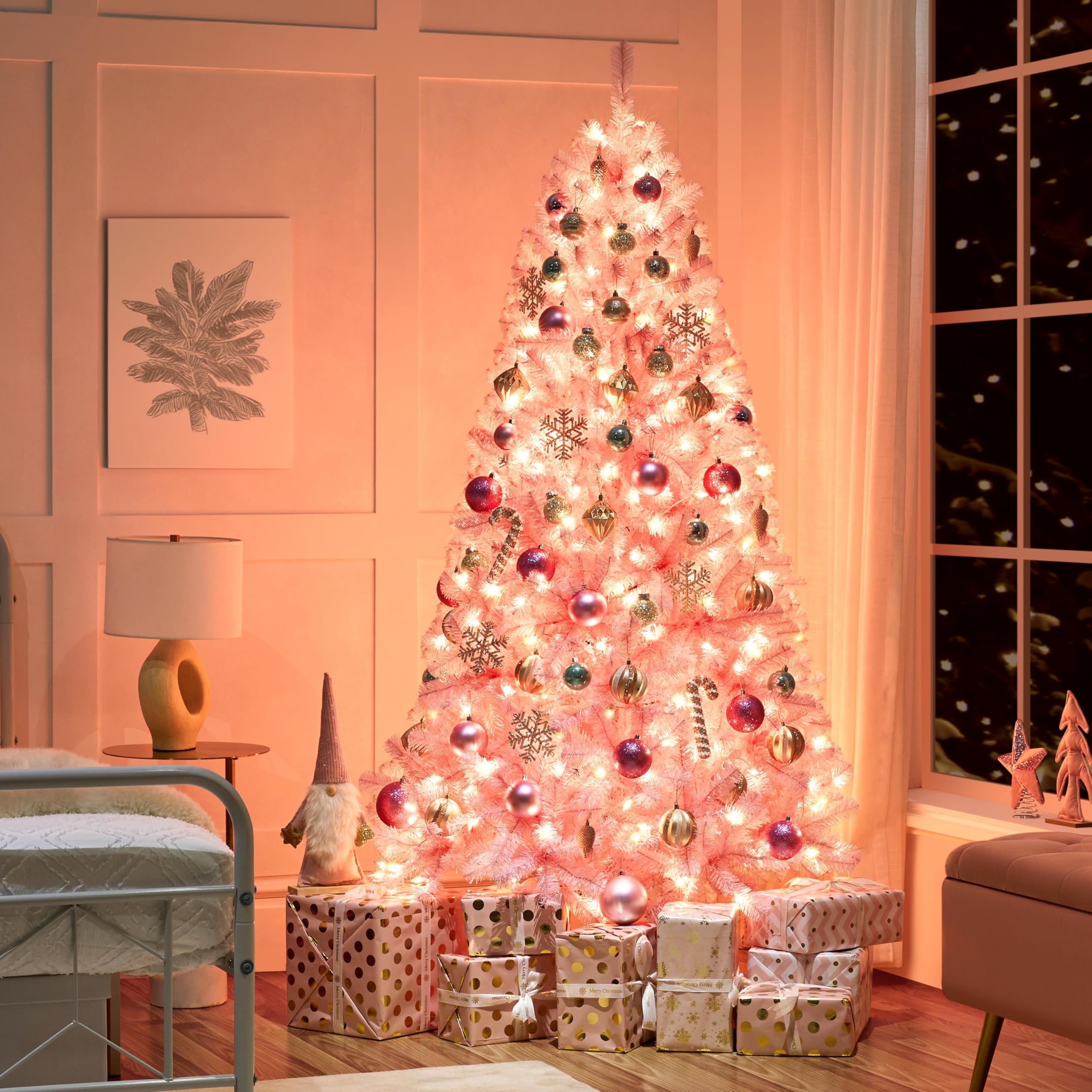 Foto 2 | Árbol De Navidad Yaheetech, Artificial, Preiluminado, 6 Pies, Rosa Con 300 Luces - Venta Internacional.