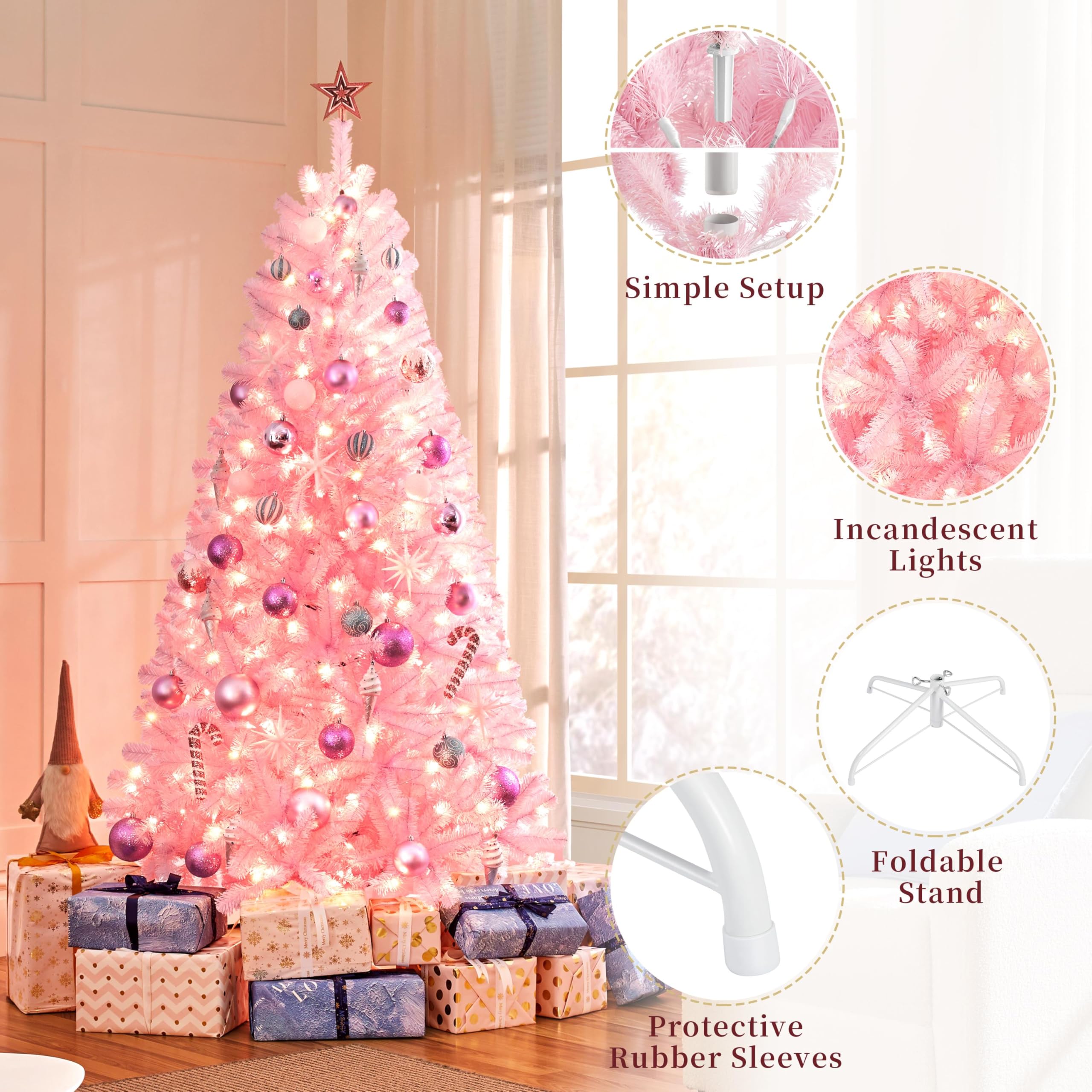 Foto 5 pulgar | Árbol De Navidad Yaheetech, Artificial, Preiluminado, 6 Pies, Rosa Con 300 Luces - Venta Internacional.