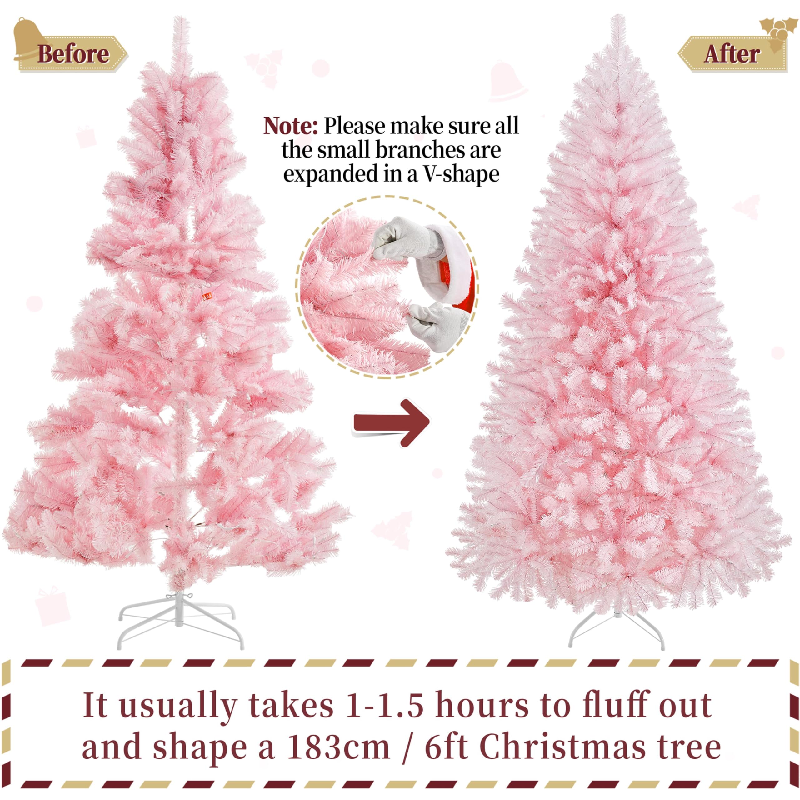 Foto 7 | Árbol De Navidad Yaheetech, Artificial, Preiluminado, 6 Pies, Rosa Con 300 Luces - Venta Internacional.