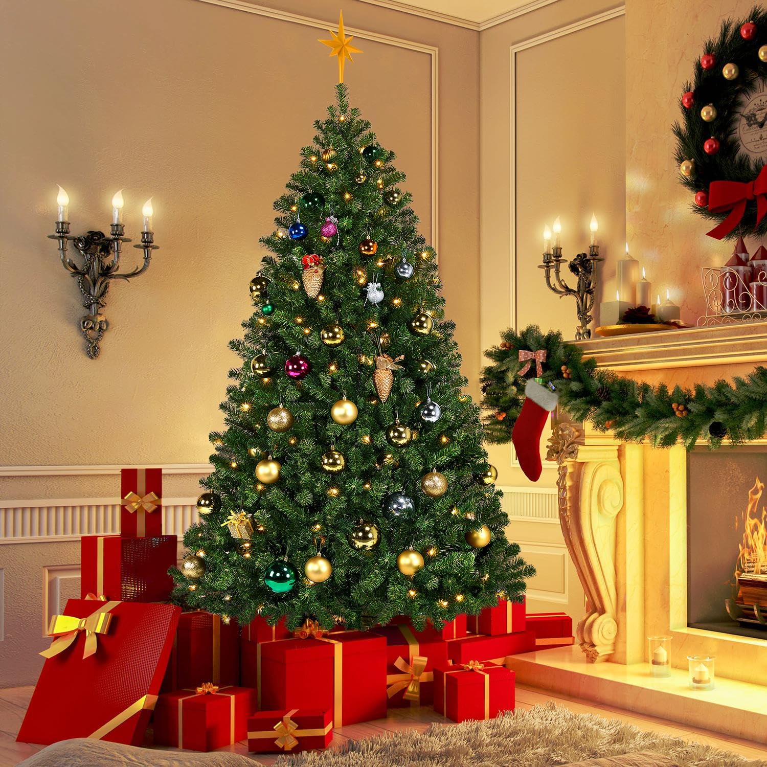 Foto 3 pulgar | Árbol De Navidad Yaheetech, Abeto Preiluminado De 6 Pies Con 300 Luces - Venta Internacional.