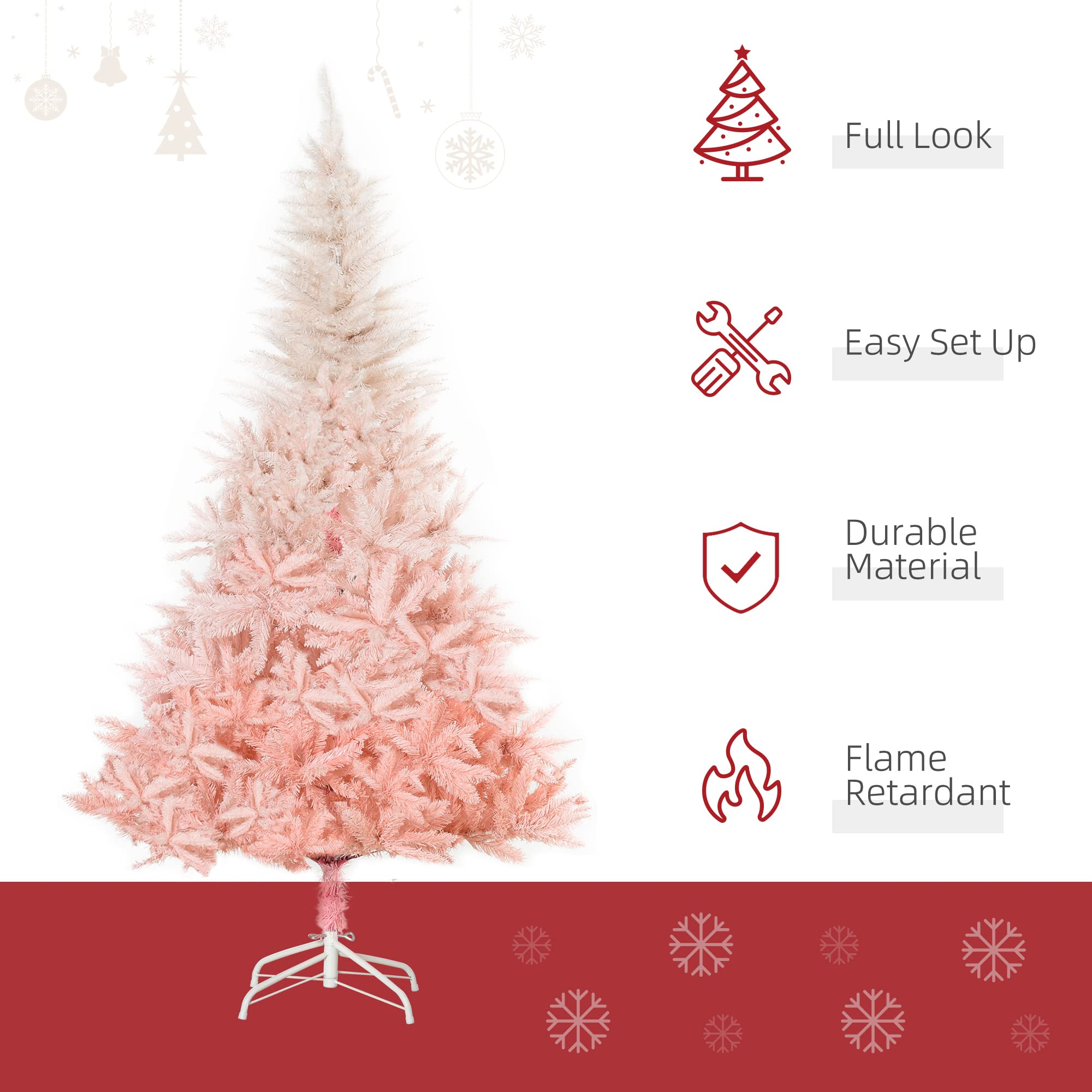 Foto 3 | Árbol De Navidad Homcom De Abeto Sin Iluminación De 6 Pies Con 800 Puntas, Color Rosa - Venta Internacional.