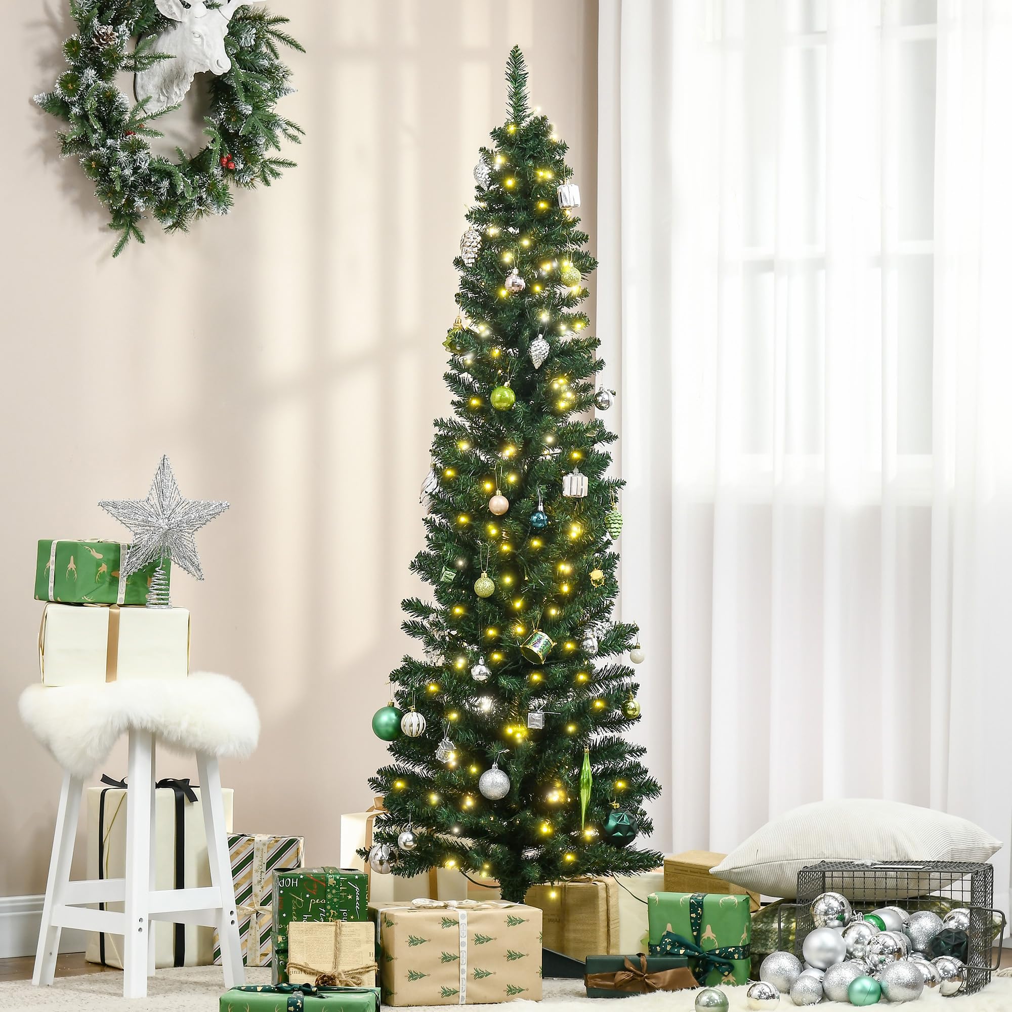 Foto 2 | Árbol De Navidad Homcom, Abeto Noble Delgado, Preiluminado, De 6 Pies Con 200 Led - Venta Internacional.