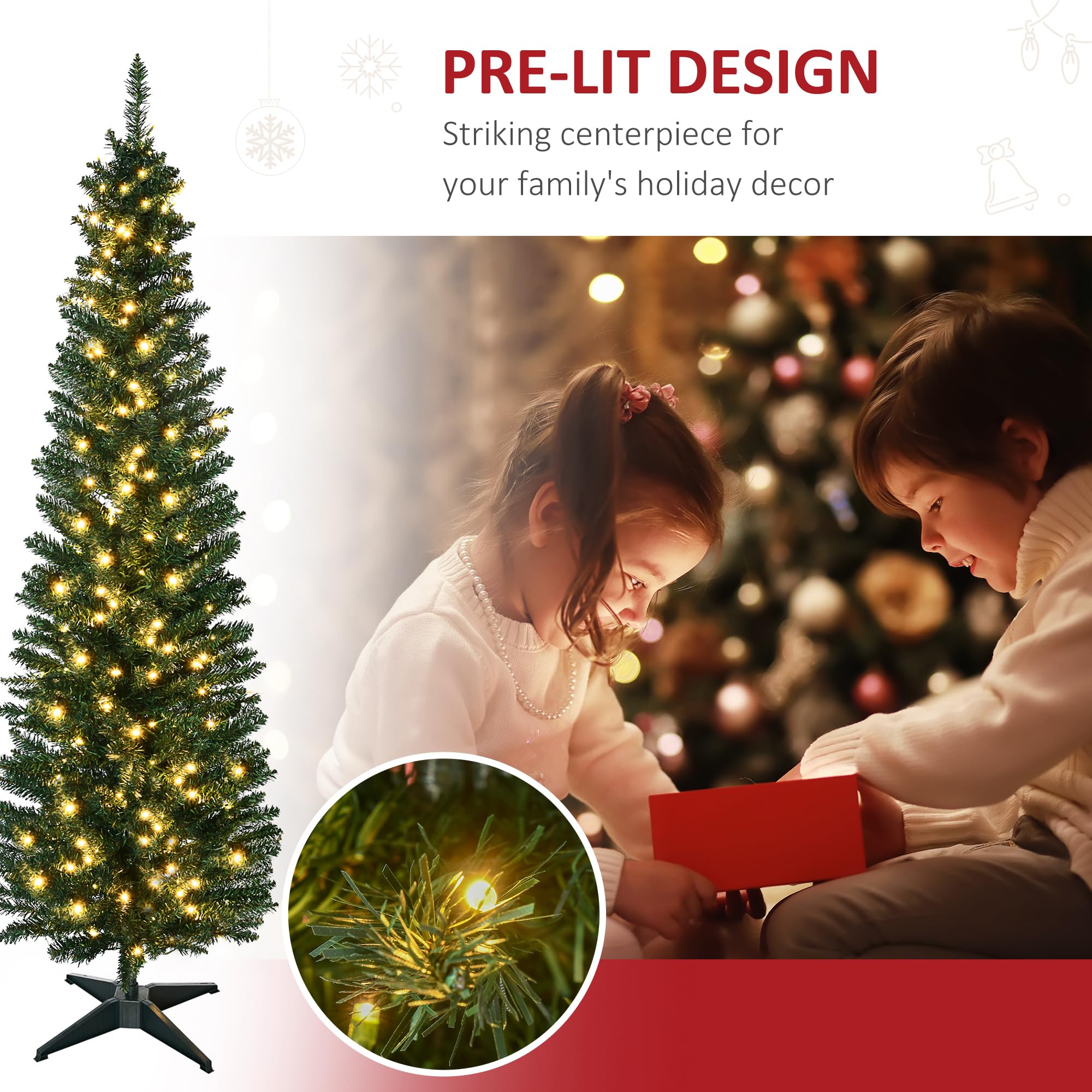 Foto 4 | Árbol De Navidad Homcom, Abeto Noble Delgado, Preiluminado, De 6 Pies Con 200 Led - Venta Internacional.