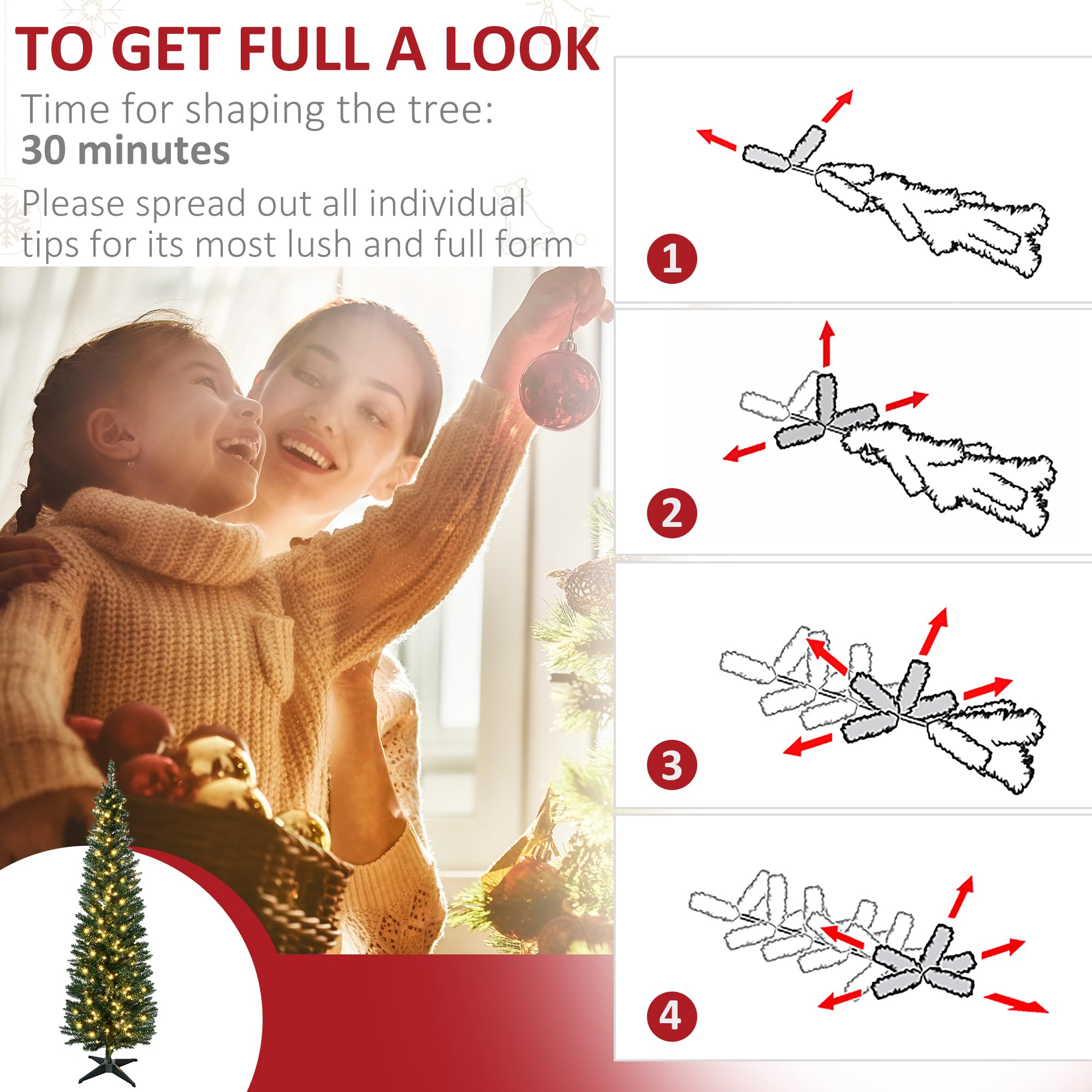 Foto 6 | Árbol De Navidad Homcom, Abeto Noble Delgado, Preiluminado, De 6 Pies Con 200 Led - Venta Internacional.