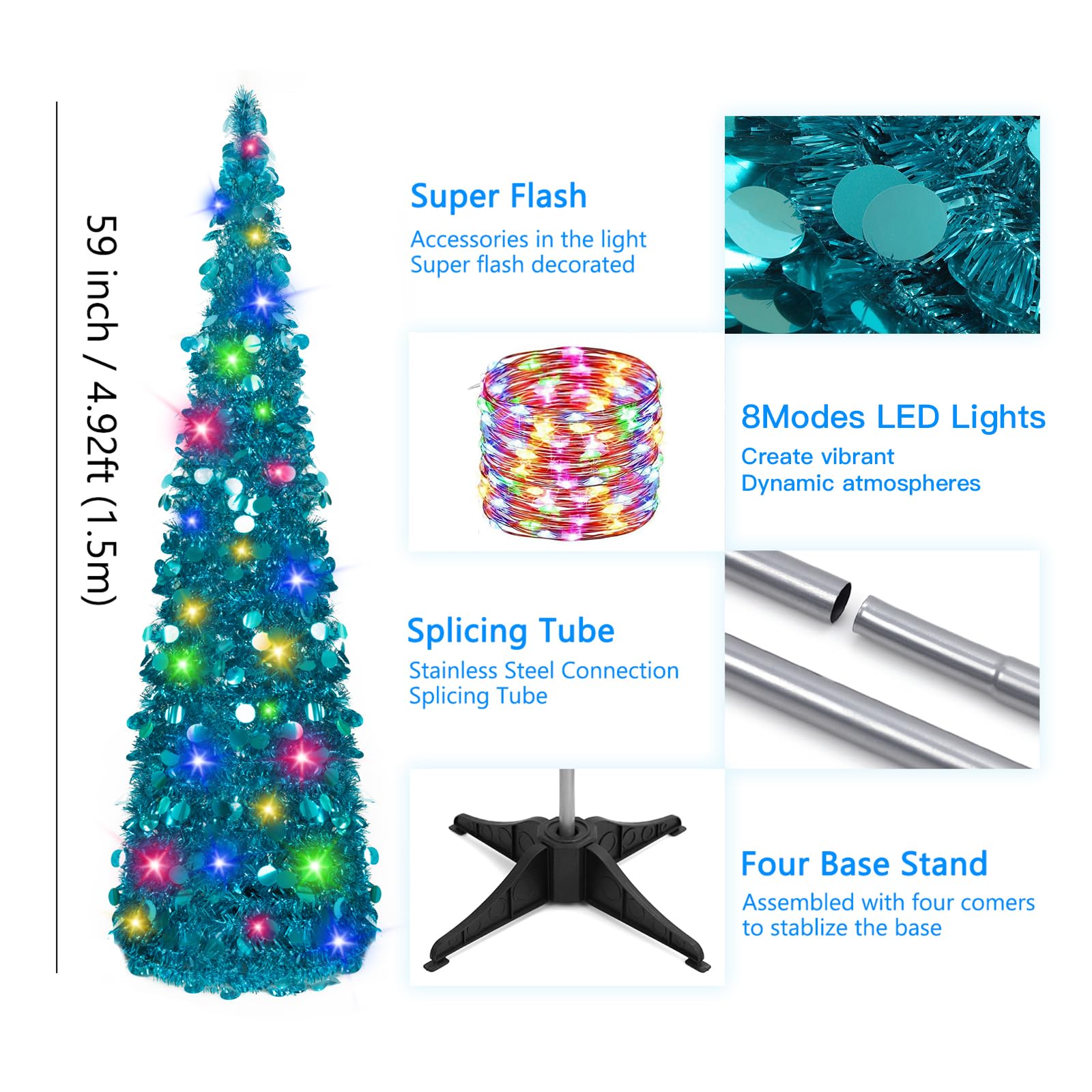 Foto 4 pulgar | Árbol De Navidad Macting Desplegable De 1,5 M Con Luces Y Soporte, Color Azul - Venta Internacional.