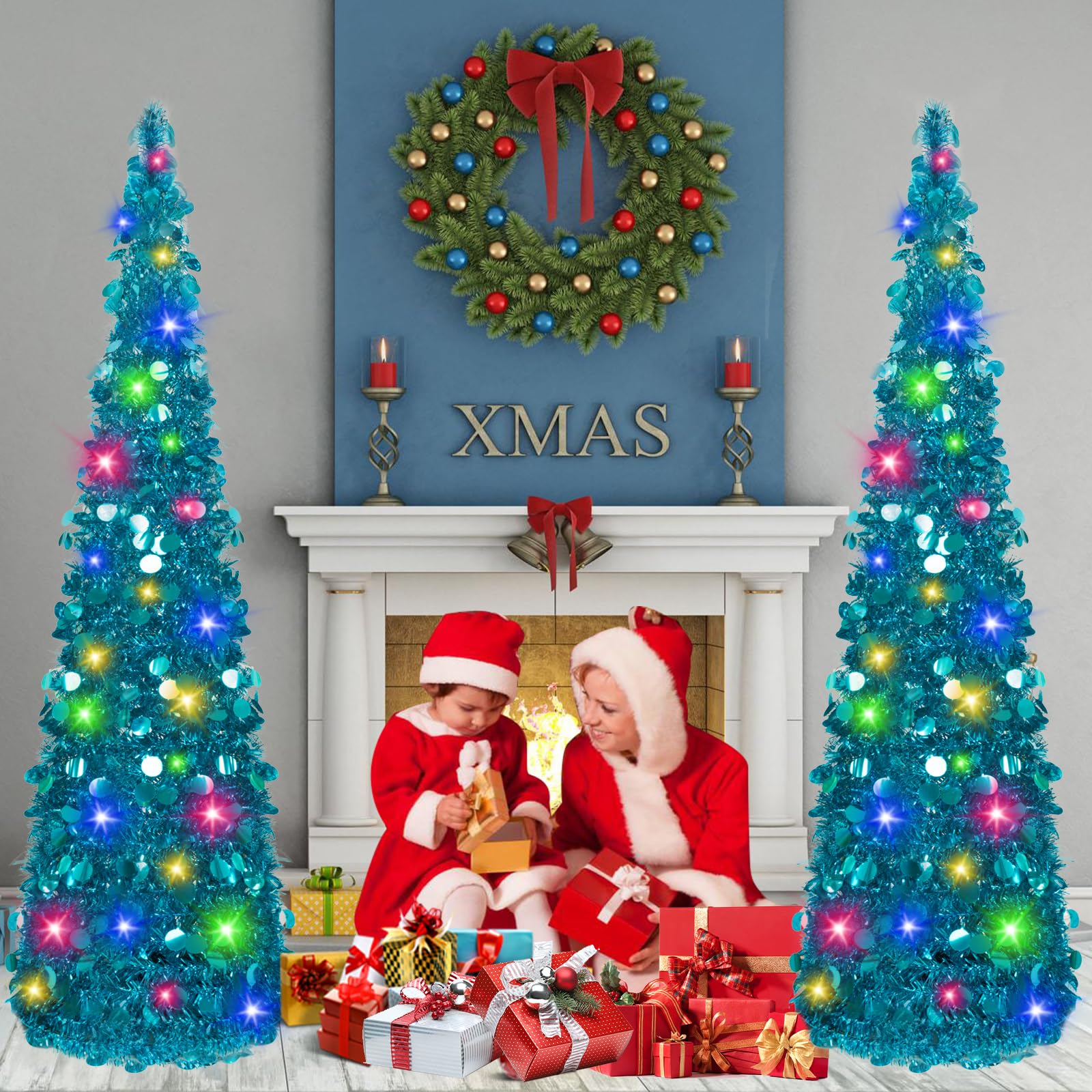 Foto 7 | Árbol De Navidad Macting Desplegable De 1,5 M Con Luces Y Soporte, Color Azul - Venta Internacional.