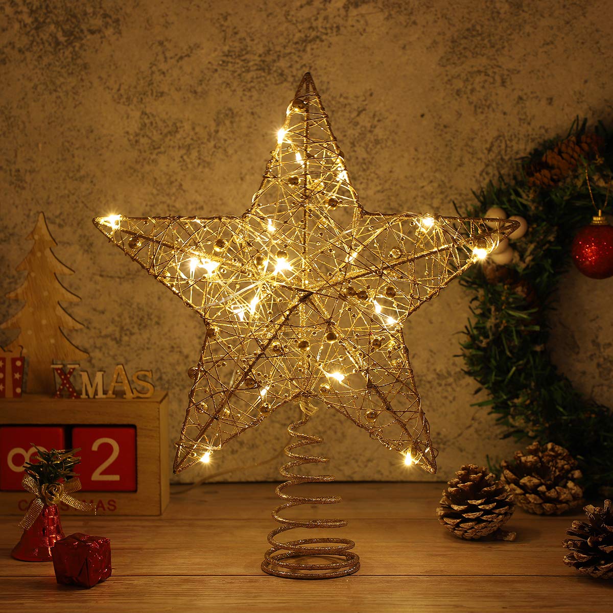 Foto 5 pulgar | Decoración Para Árbol De Navidad Nuobesty En Forma De Estrella Dorada Con Luces - Venta Internacional.