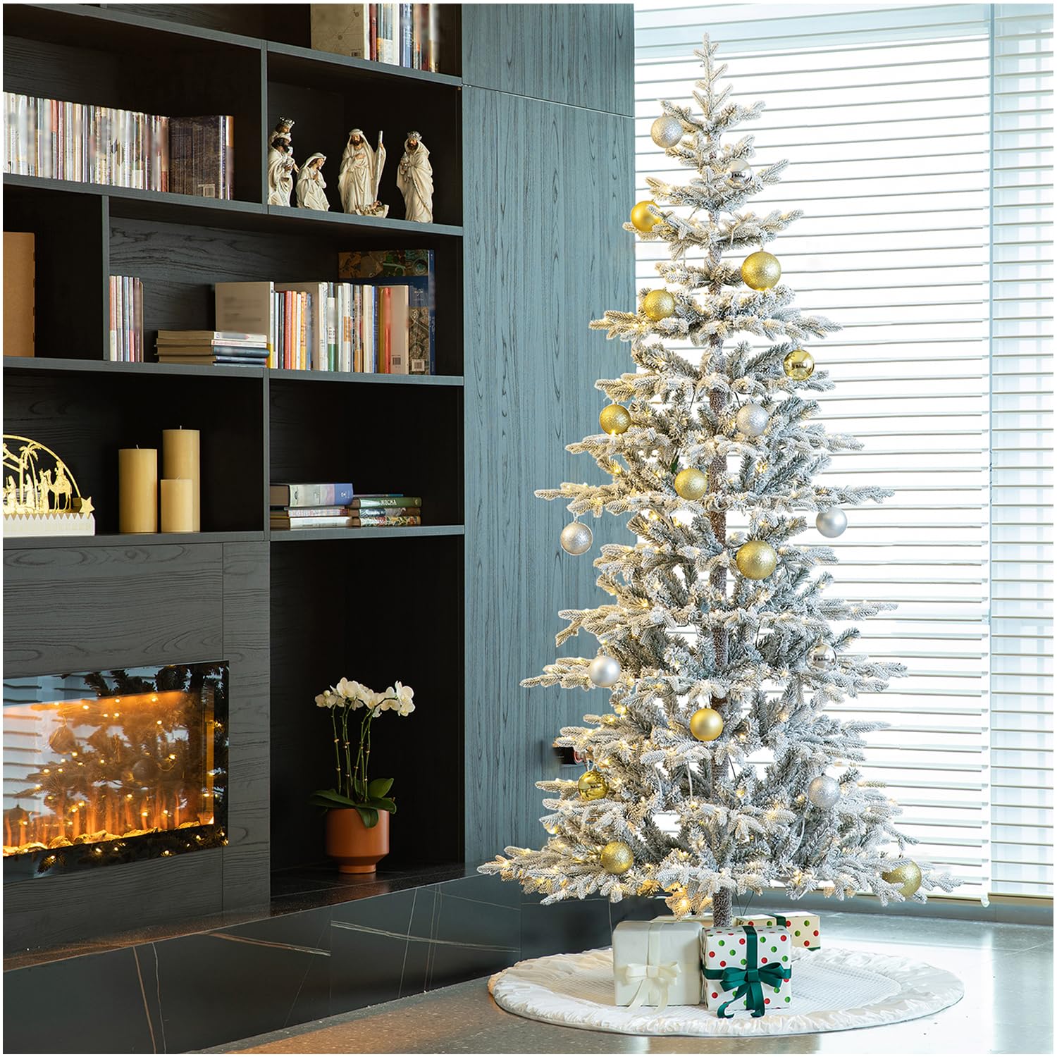 Foto 3 | Árbol De Navidad Glitzhome Deluxe De 8 Pies, Abeto Flocado Preiluminado - Venta Internacional.