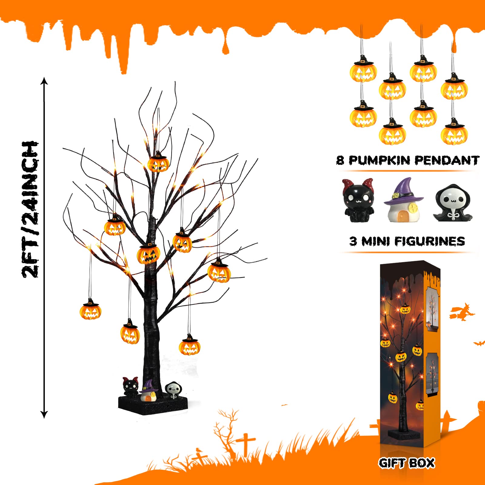 Foto 6 pulgar | Árbol Negro Peiduo Para Decoración De Halloween De 2 Pies Con Luces Y Adornos - Venta Internacional.