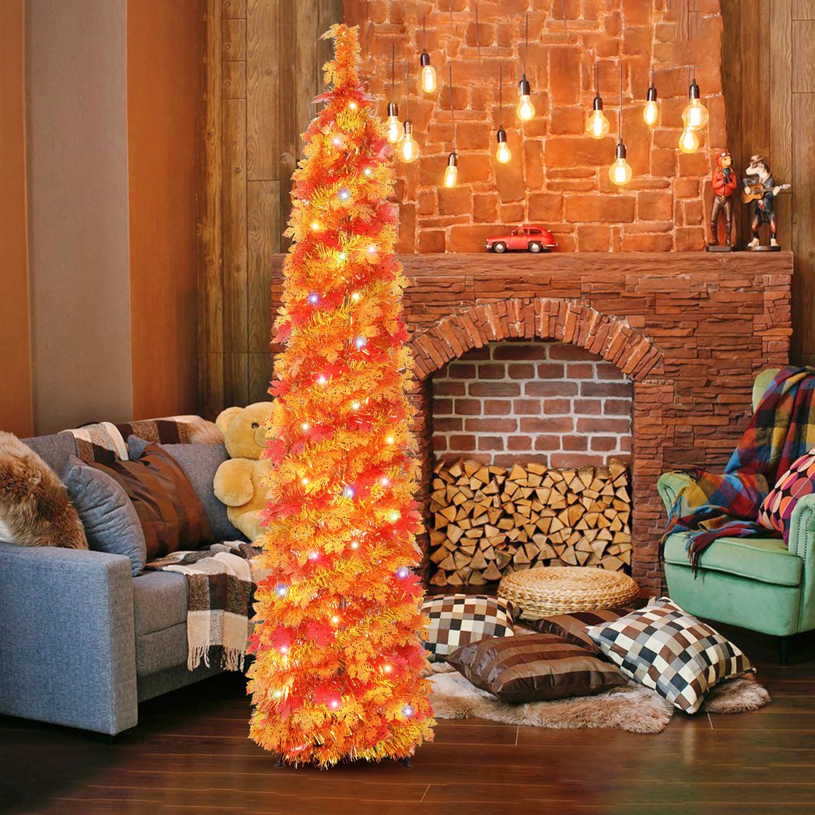 Foto 5 pulgar | Árbol De Navidad Macting De 5 Pies Con Luces, Hojas De Arce Otoñales - Venta Internacional.
