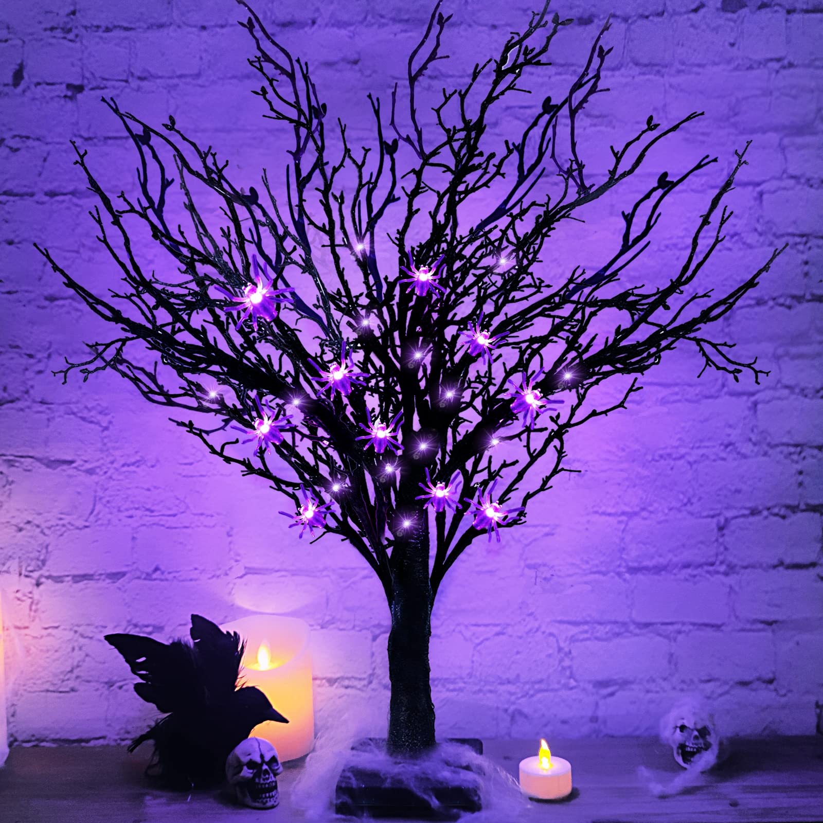 [cronómetro] Árbol Negro De Halloween Preiluminado Turnmeon De 60 Cm Con 25 Arañas - Venta Internacional. $808