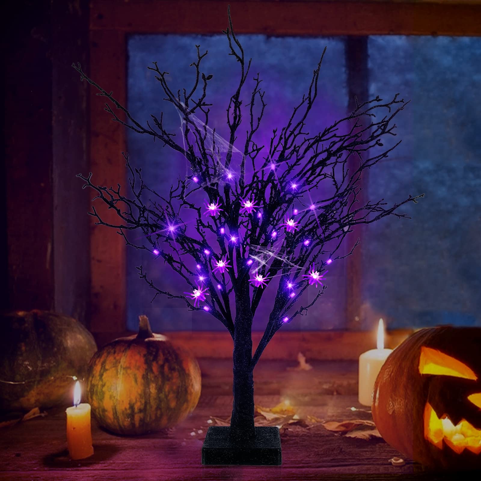 Foto 4 pulgar | [cronómetro] Árbol Negro De Halloween Preiluminado Turnmeon De 60 Cm Con 25 Arañas - Venta Internacional.