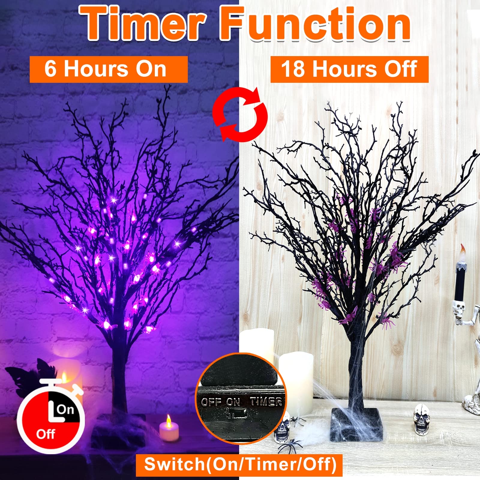 Foto 5 pulgar | [cronómetro] Árbol Negro De Halloween Preiluminado Turnmeon De 60 Cm Con 25 Arañas - Venta Internacional.