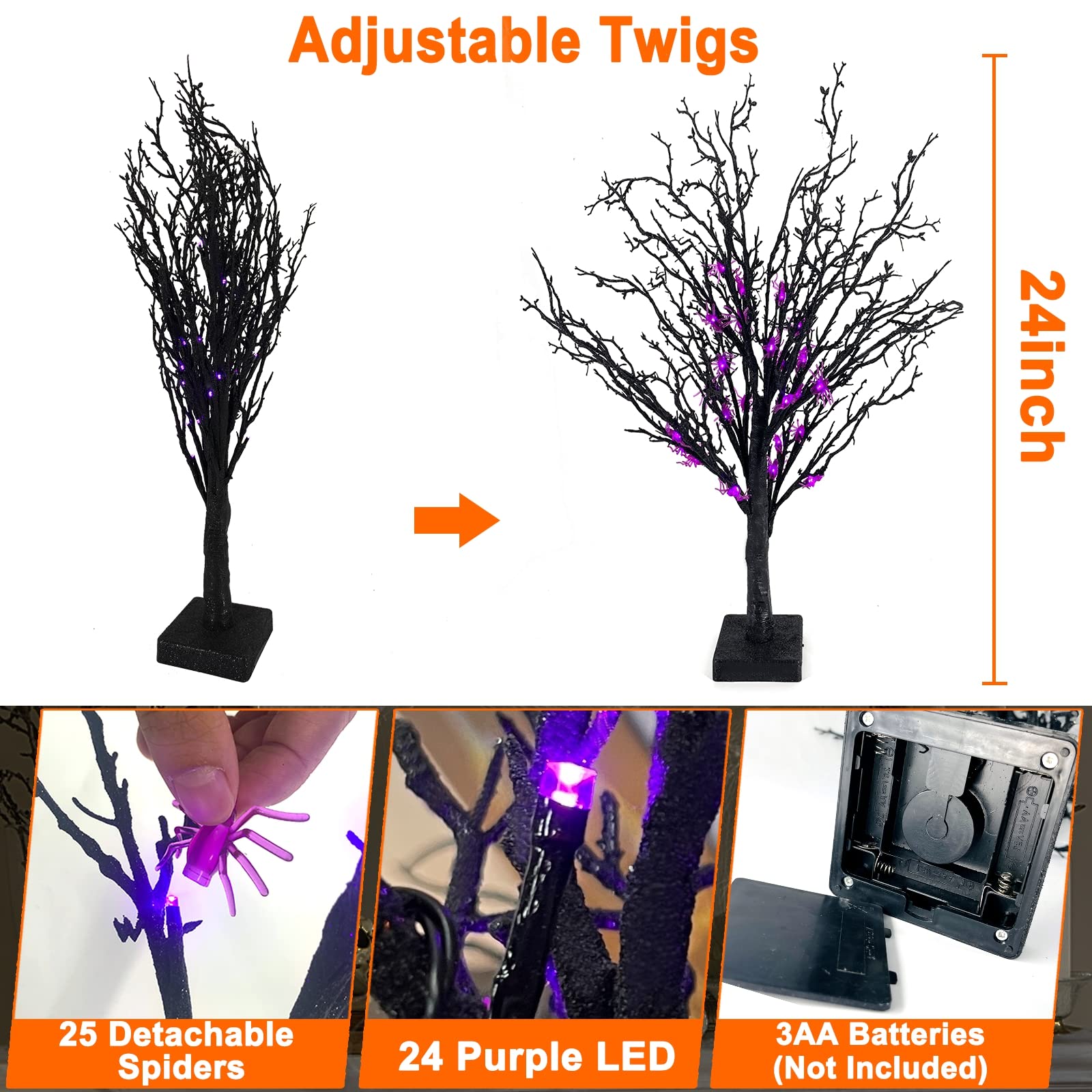 Foto 6 pulgar | [cronómetro] Árbol Negro De Halloween Preiluminado Turnmeon De 60 Cm Con 25 Arañas - Venta Internacional.