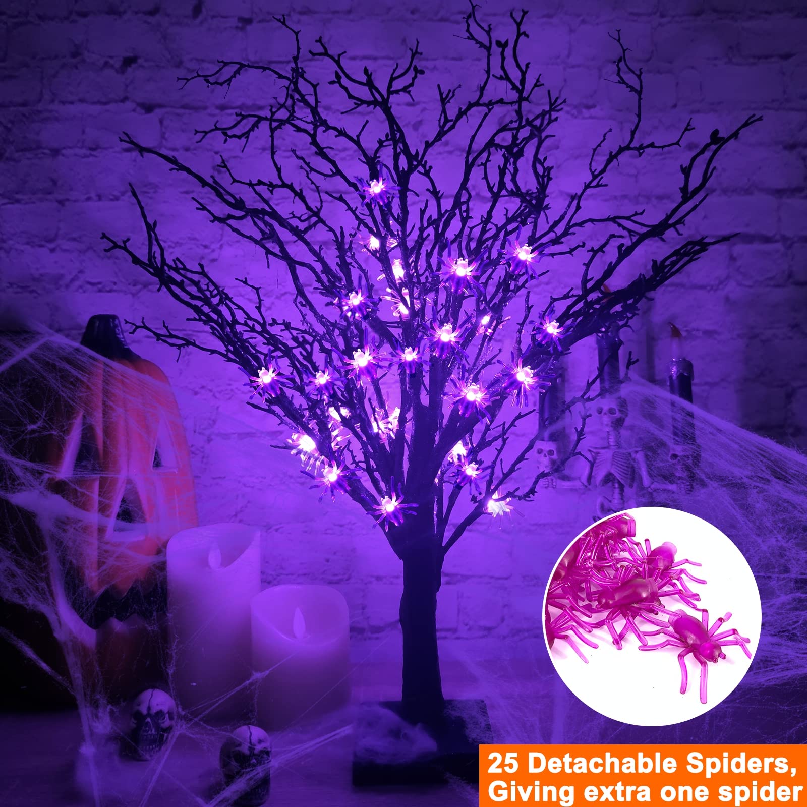 Foto 7 pulgar | [cronómetro] Árbol Negro De Halloween Preiluminado Turnmeon De 60 Cm Con 25 Arañas - Venta Internacional.