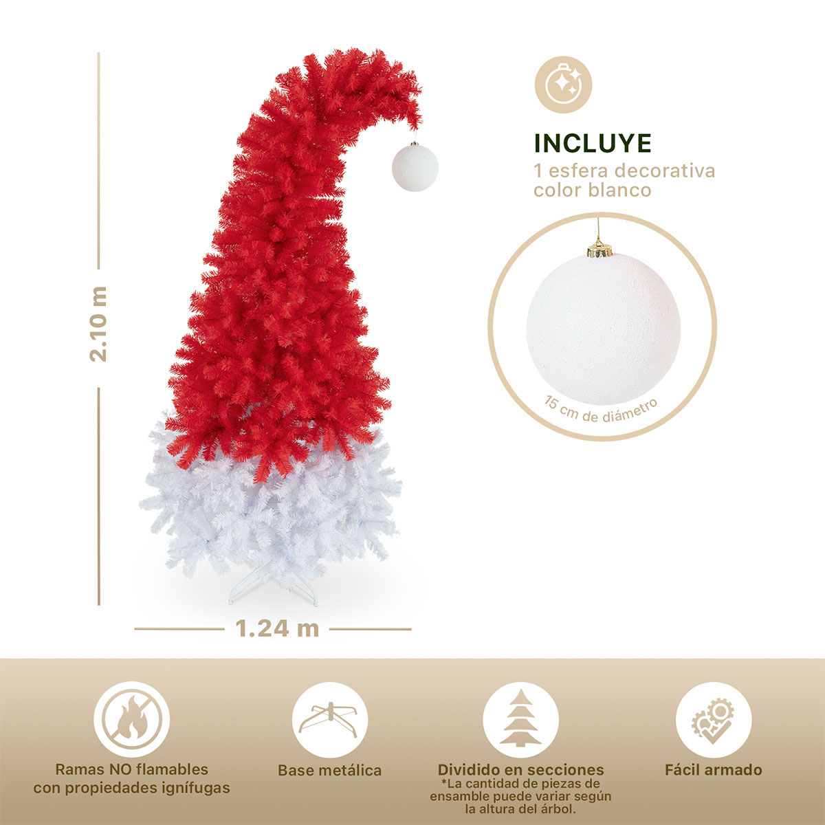 Foto 4 | Árbol de Navidad Punta Flexible Esquimal Pino Rojo y Blanco 2.10 m con 1560 Ramas y Esfera Escarchada