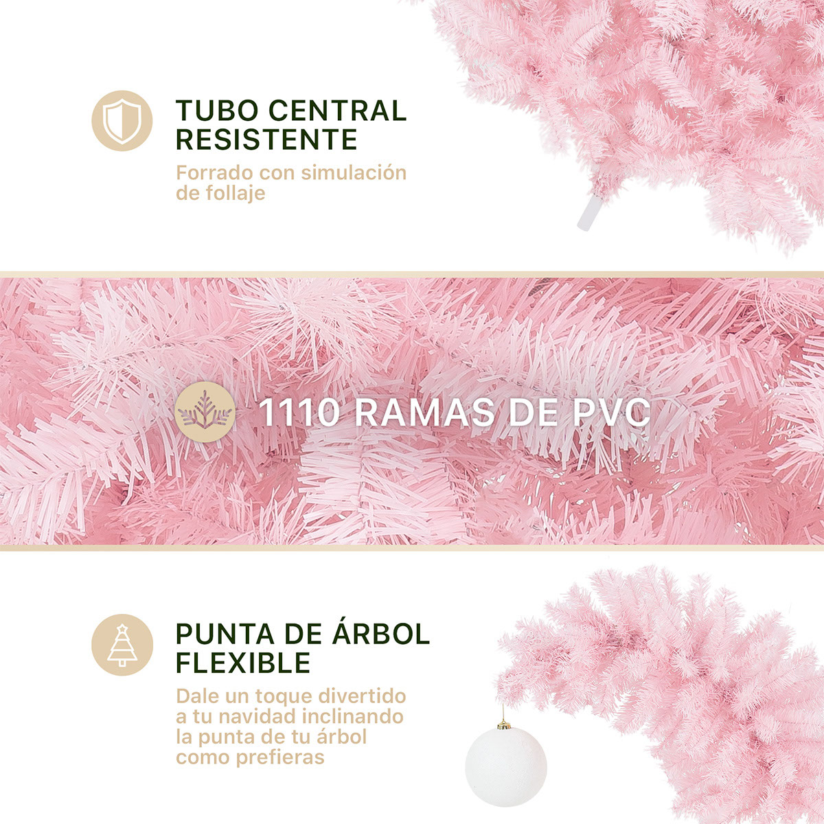 Foto 4 pulgar | Árbol de Navidad Punta Flexible Esquimal Pino Rosa 1.80 m con 1110 Ramas y Esfera Escarchada
