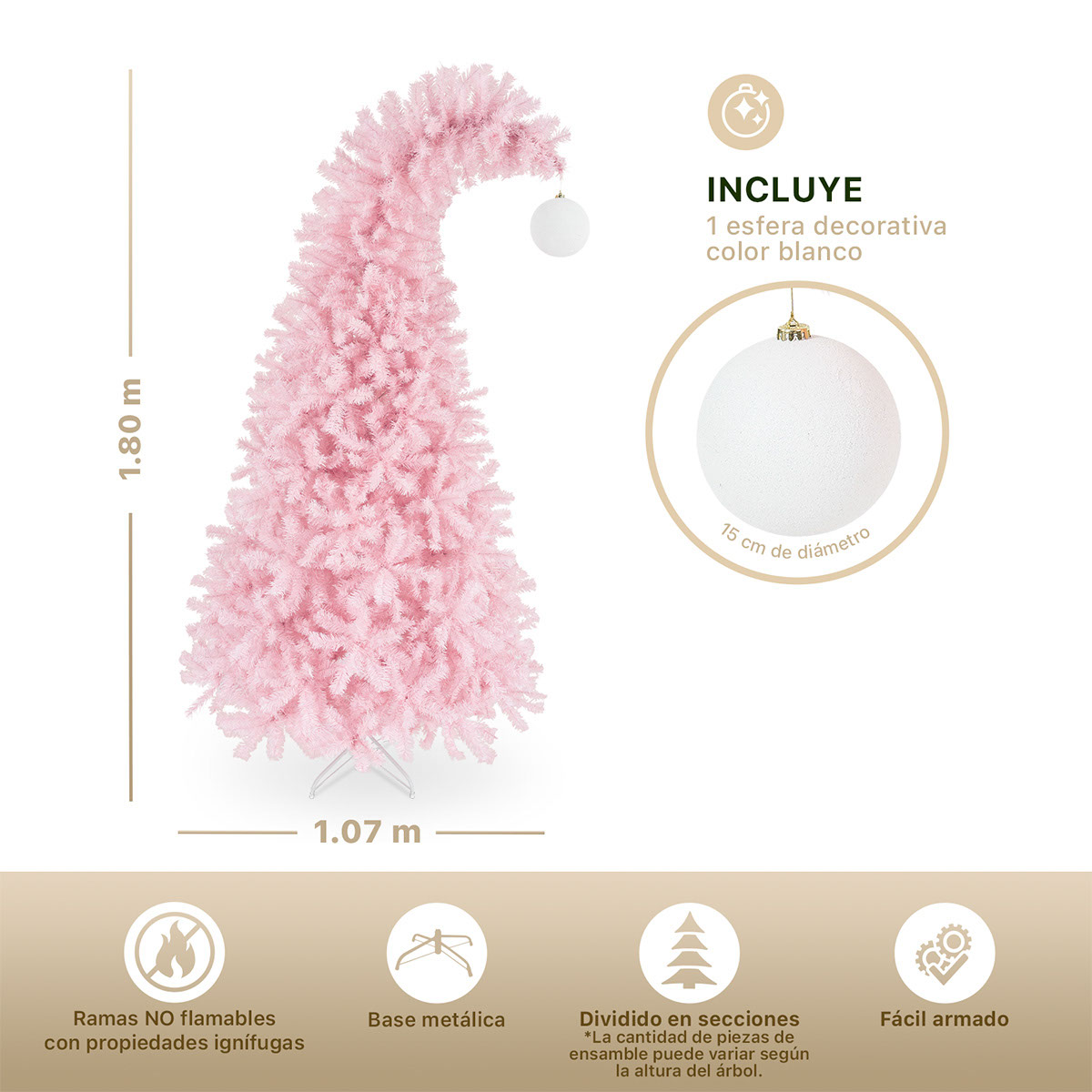 Foto 5 pulgar | Árbol de Navidad Punta Flexible Esquimal Pino Rosa 1.80 m con 1110 Ramas y Esfera Escarchada
