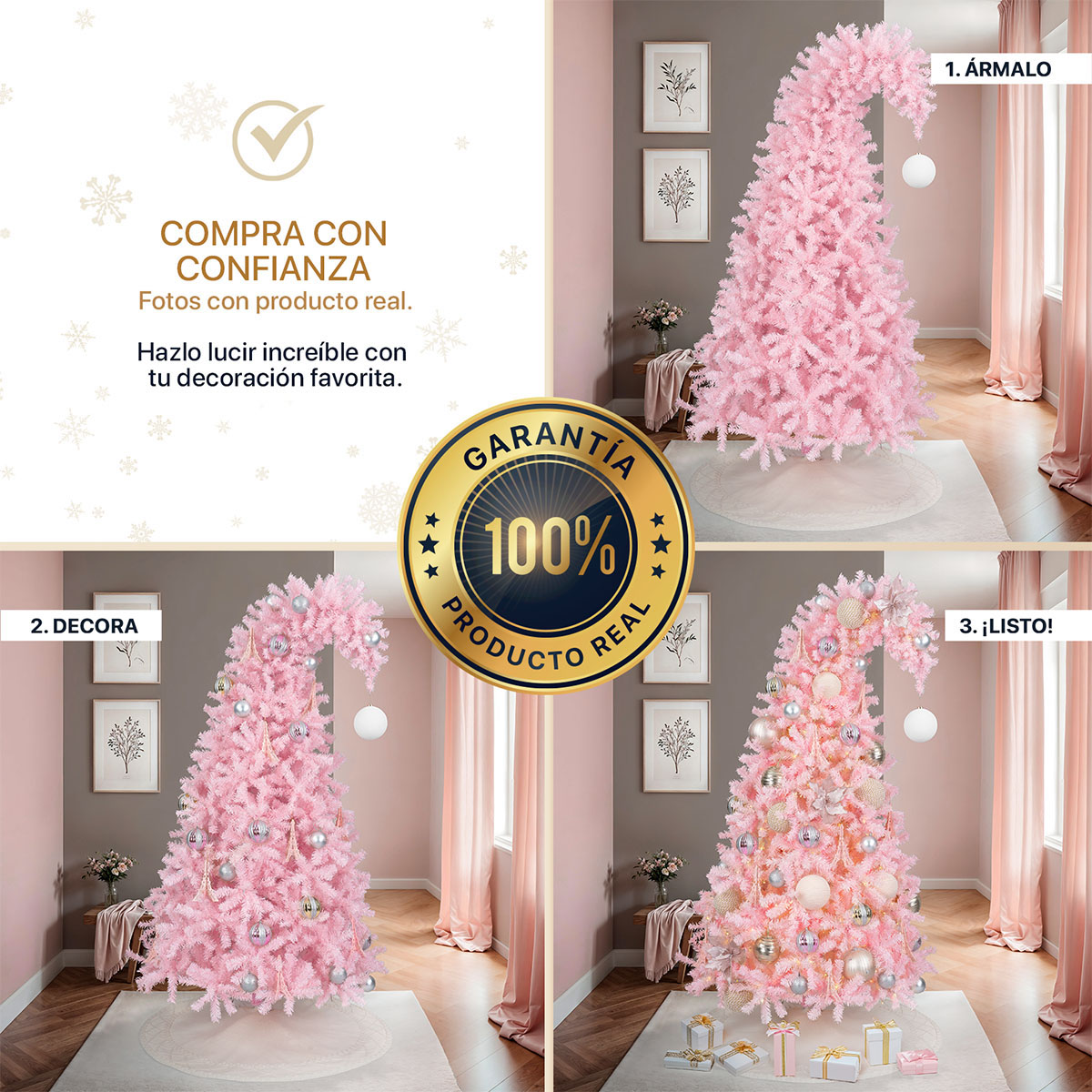 Foto 7 pulgar | Árbol de Navidad Punta Flexible Esquimal Pino Rosa 1.80 m con 1110 Ramas y Esfera Escarchada