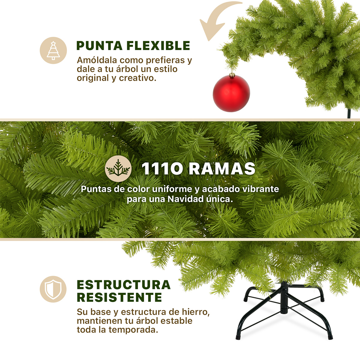 Foto 3 | Árbol de Navidad Punta Flexible Esquimal Pino Verde 1.80 m con 1110 Ramas y 61 Esferas