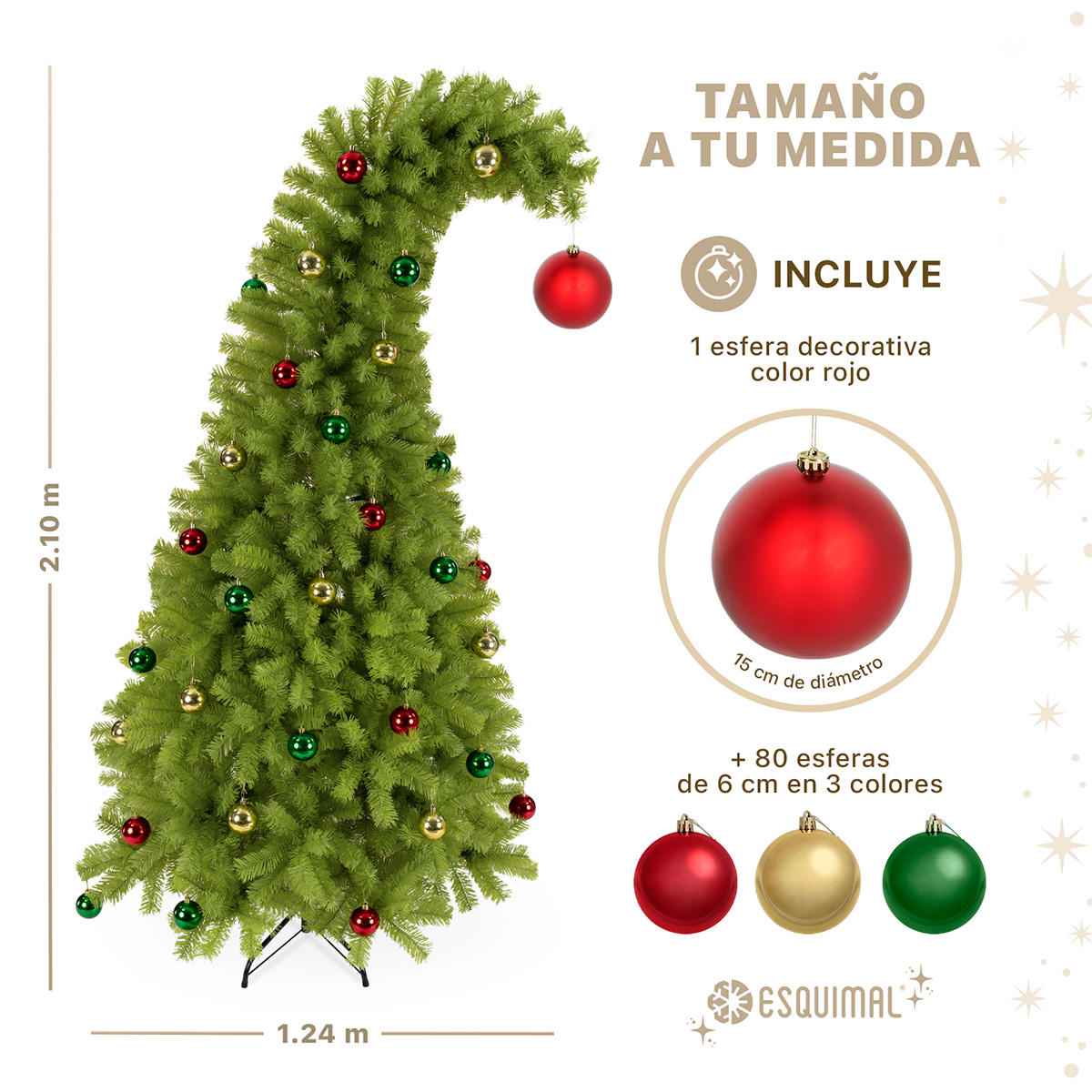 Foto 6 pulgar | Árbol de Navidad Punta Flexible Esquimal Pino Verde 2.10 m con 1560 Ramas y 81 Esferas