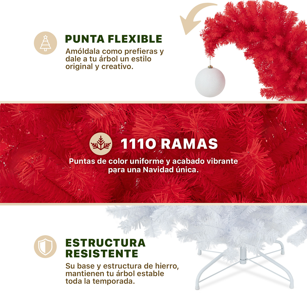 Foto 4 pulgar | Árbol de Navidad Punta Flexible Esquimal Pino Rojo y Blanco 1.80 m con 1110 Ramas y Esfera Escarchada