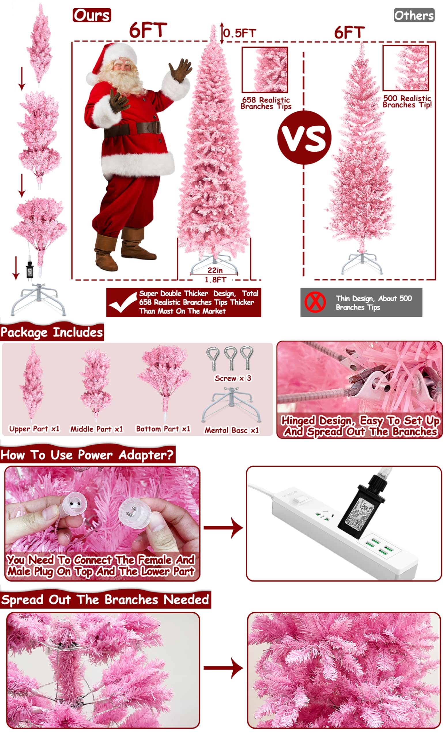 Foto 3 pulgar | Árbol de Navidad Turnmeon Artificial Preiluminado 6 Pies Rosa con 240 Led - Venta Internacional