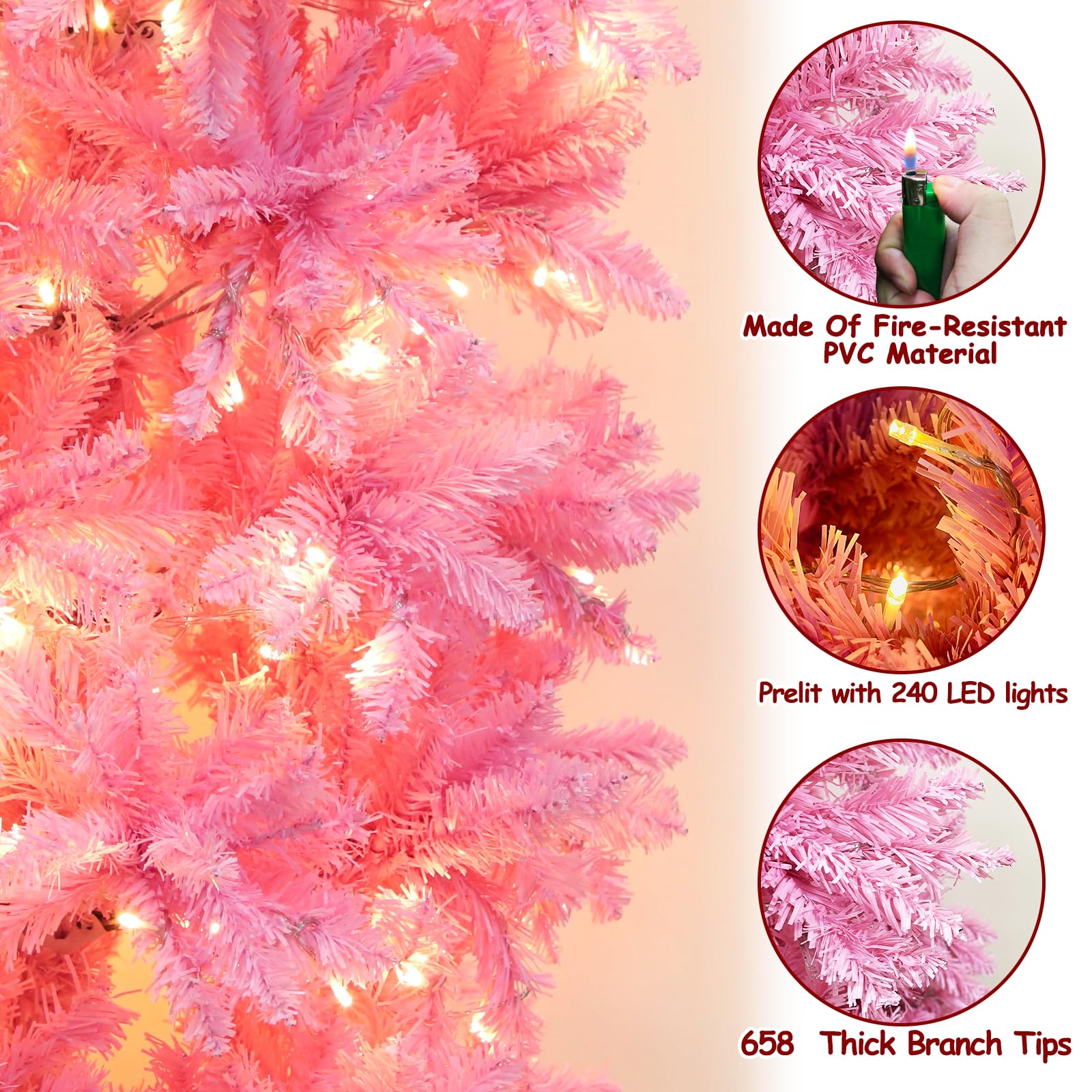 Foto 4 | Árbol de Navidad Turnmeon Artificial Preiluminado 6 Pies Rosa con 240 Led - Venta Internacional