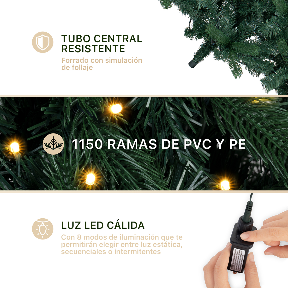Foto 4 pulgar | Árbol De Navidad Esquimal Pino Verde 2.20m Con Luces Led De 8 Modos De Iluminación