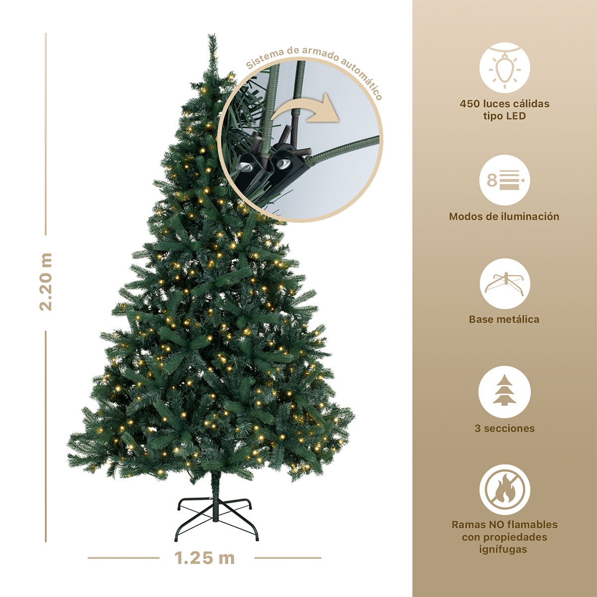 Foto 5 pulgar | Árbol De Navidad Esquimal Pino Verde 2.20m Con Luces Led De 8 Modos De Iluminación