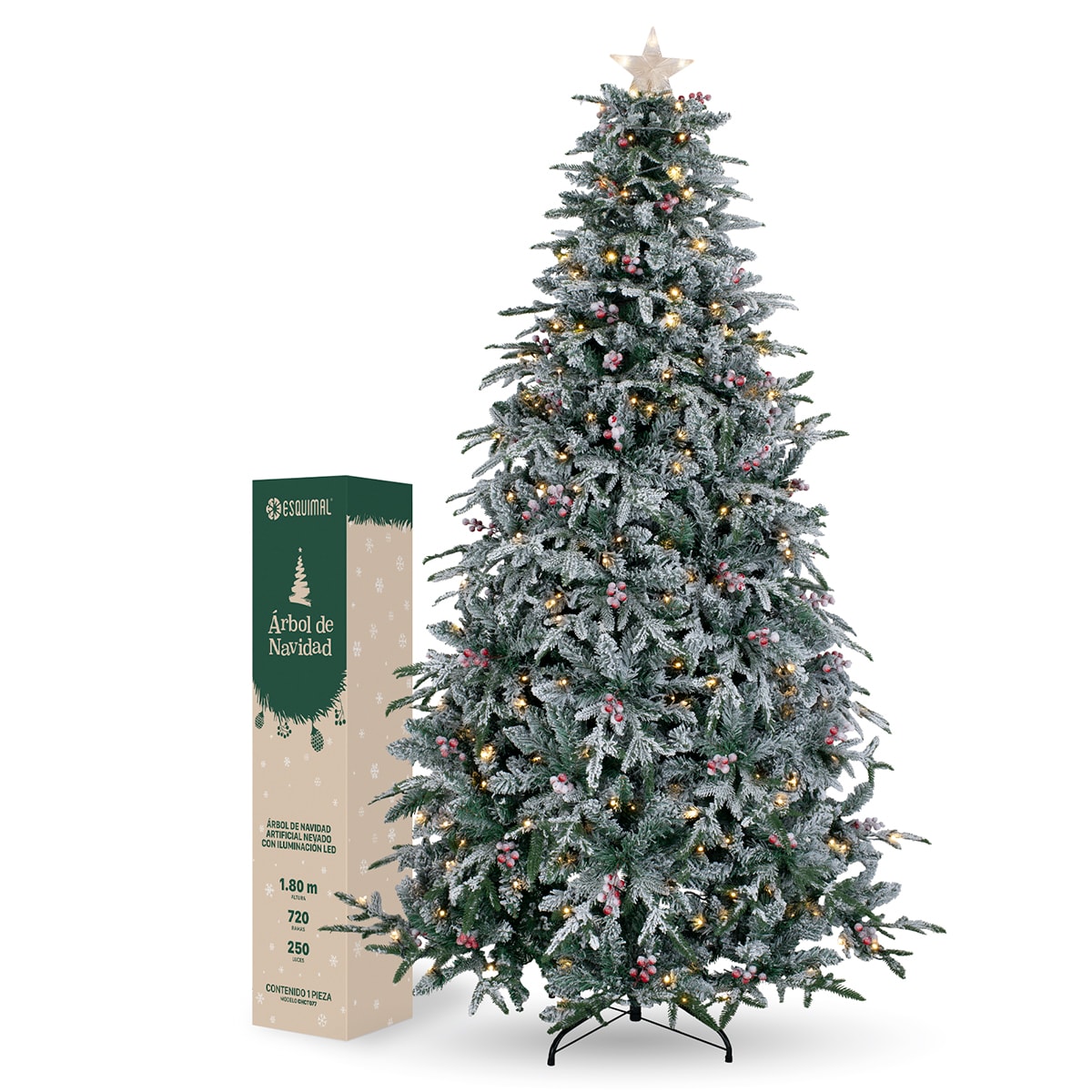 Árbol De Navidad Esquimal Pino Verde Nevado 1.80m Con Luces Led, Estrella Y Bayas $4,999