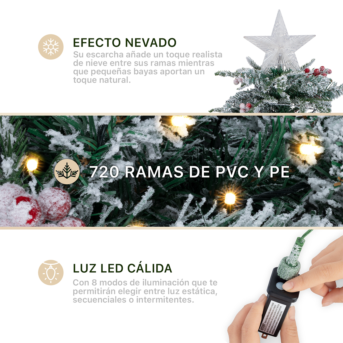 Foto 4 pulgar | Árbol De Navidad Esquimal Pino Verde Nevado 1.80m Con Luces Led, Estrella Y Bayas