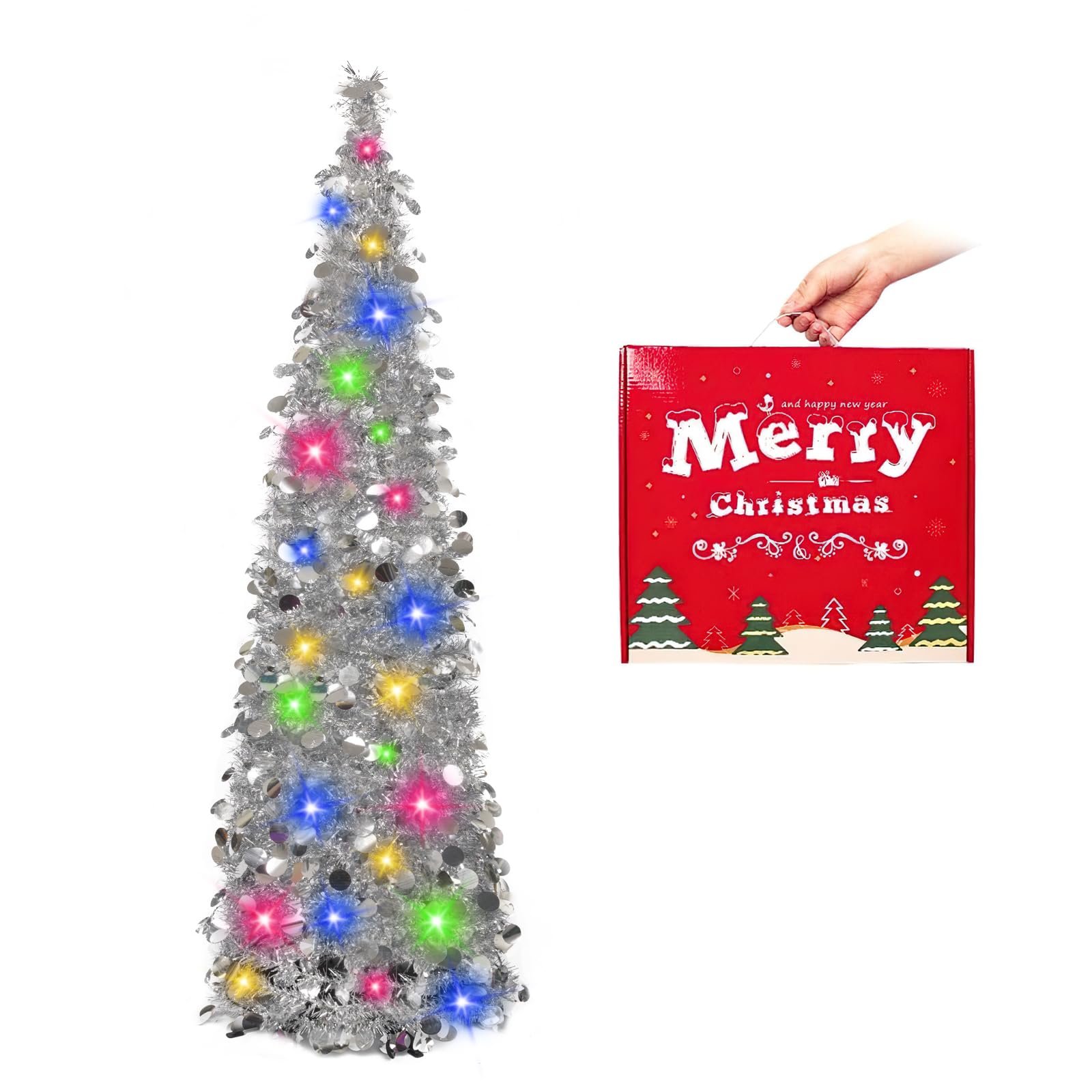 Árbol de Navidad Desplegable con Luces LED y Oropel Plateado de 1.5 m - Venta Internacional $1,194