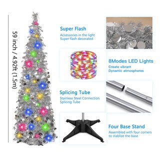 Foto 3 | Árbol de Navidad Desplegable con Luces LED y Oropel Plateado de 1.5 m - Venta Internacional