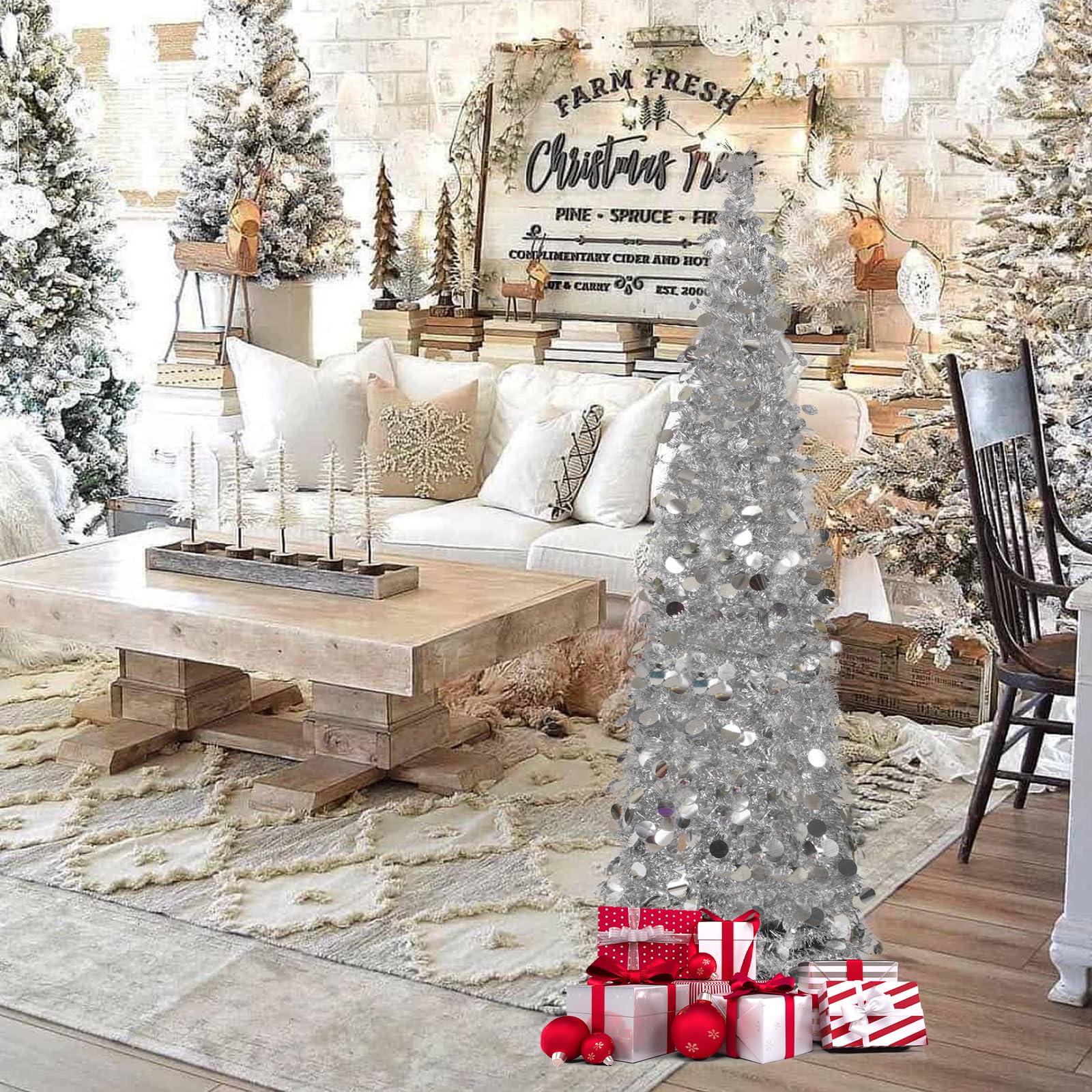 Foto 5 pulgar | Árbol de Navidad Desplegable con Luces LED y Oropel Plateado de 1.5 m - Venta Internacional