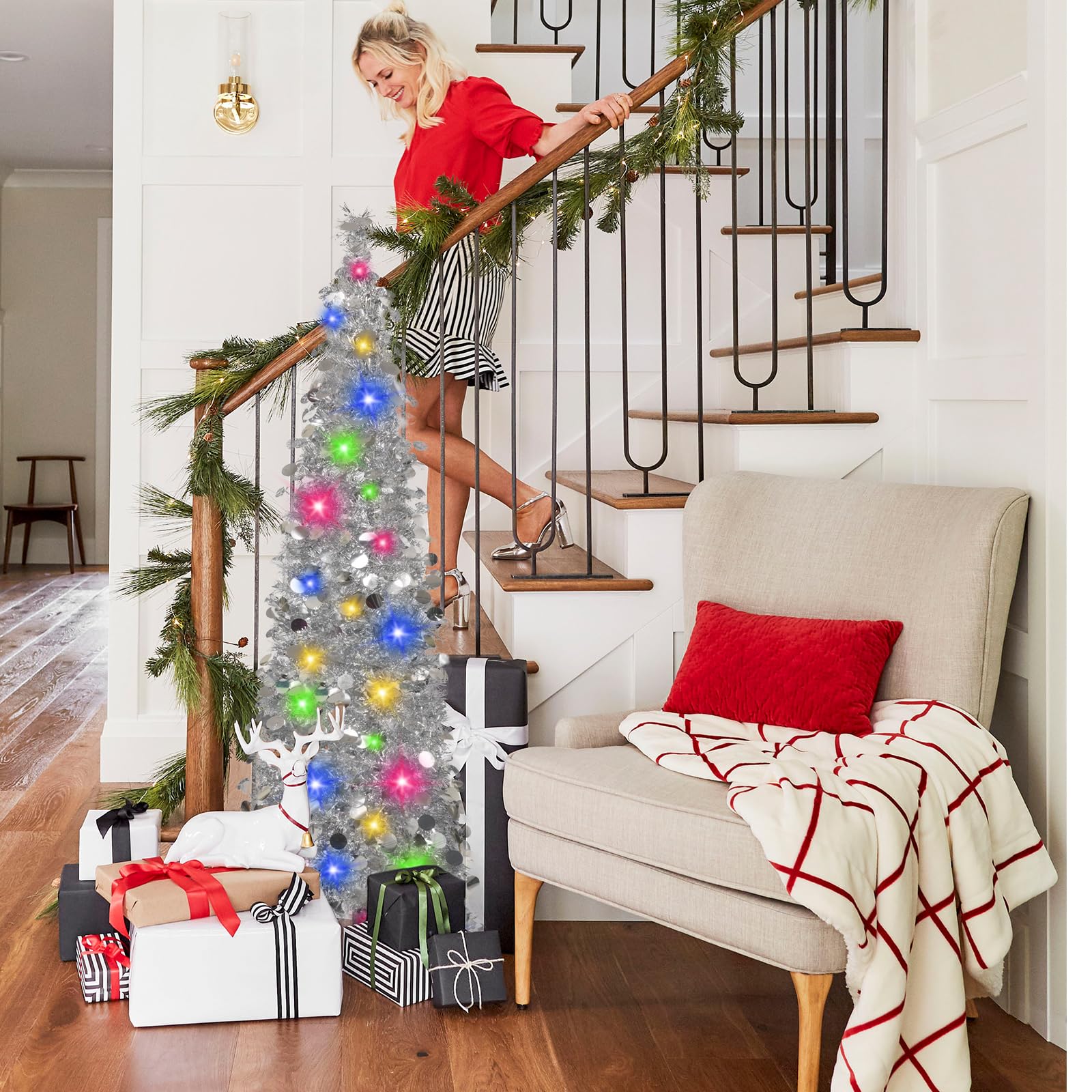 Foto 6 pulgar | Árbol de Navidad Desplegable con Luces LED y Oropel Plateado de 1.5 m - Venta Internacional