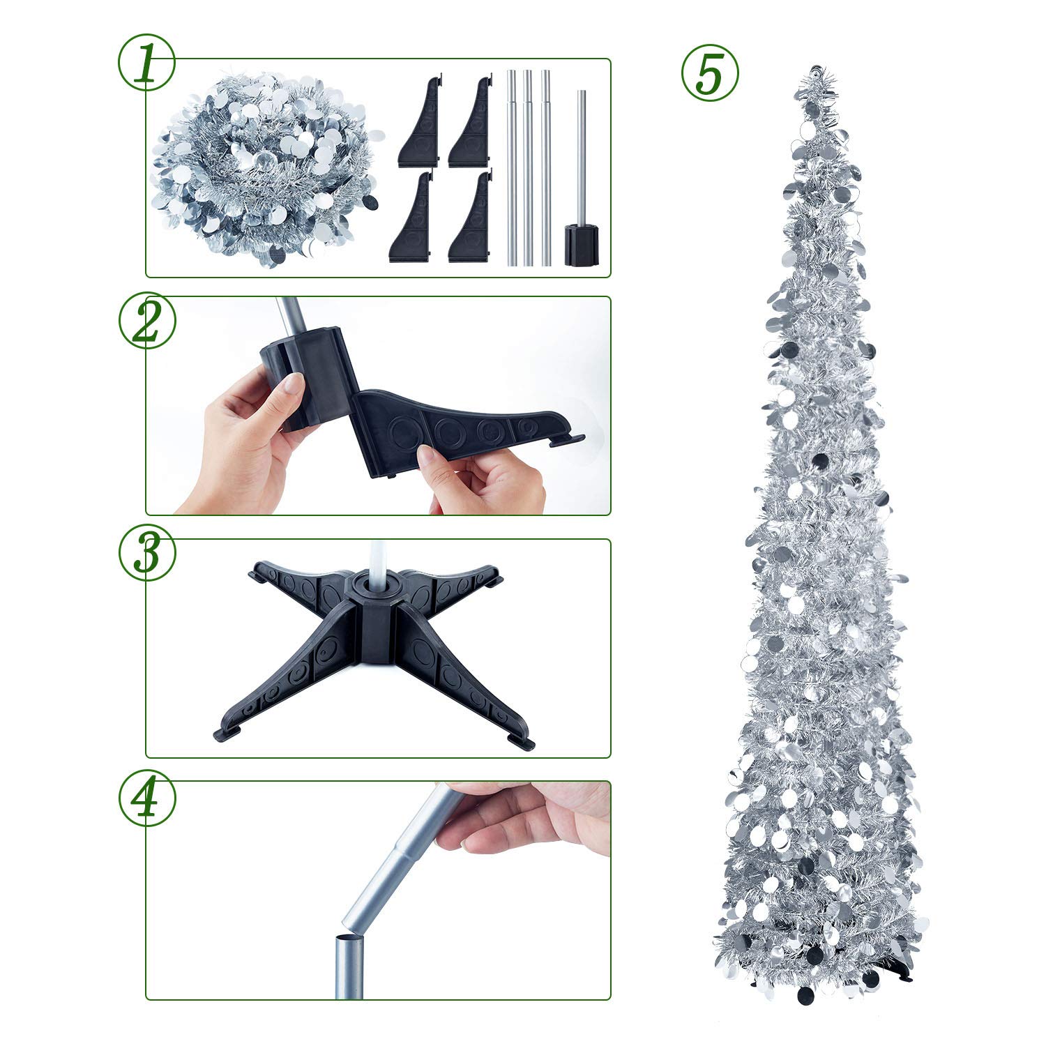 Foto 7 pulgar | Árbol de Navidad Desplegable con Luces LED y Oropel Plateado de 1.5 m - Venta Internacional