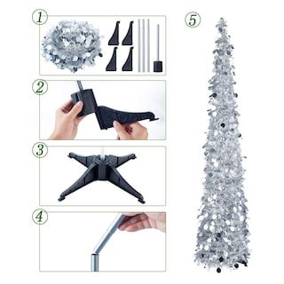 Foto 6 | Árbol de Navidad Desplegable con Luces LED y Oropel Plateado de 1.5 m - Venta Internacional