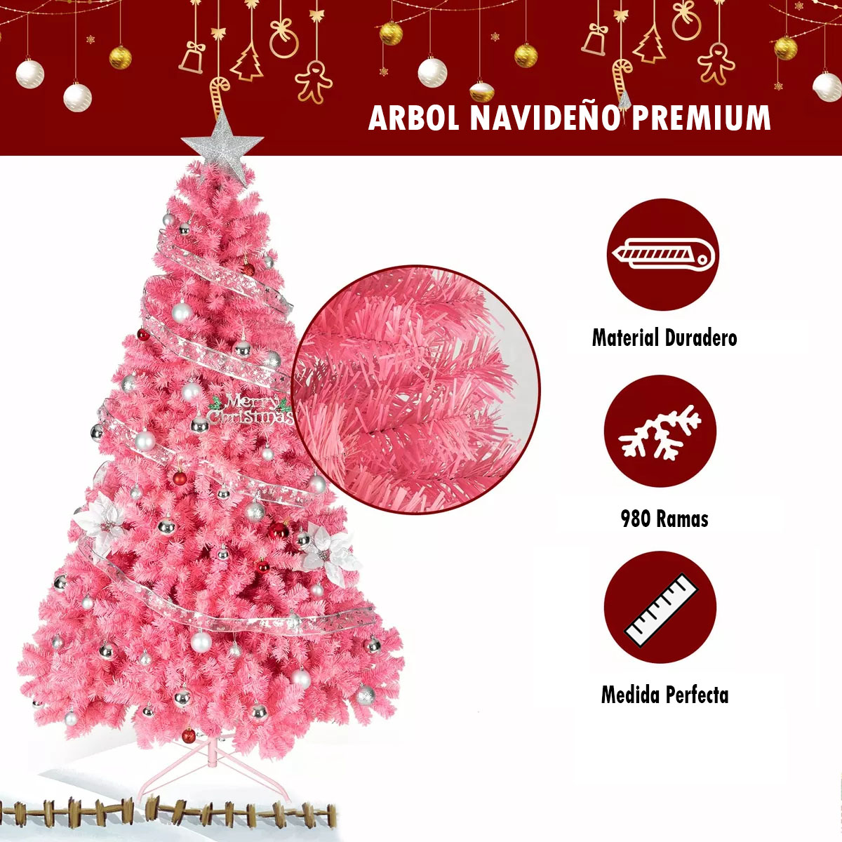 Foto 5 pulgar | Arbol De Navidad Pino Navideño Rosa 160cm Frondoso Dosyu