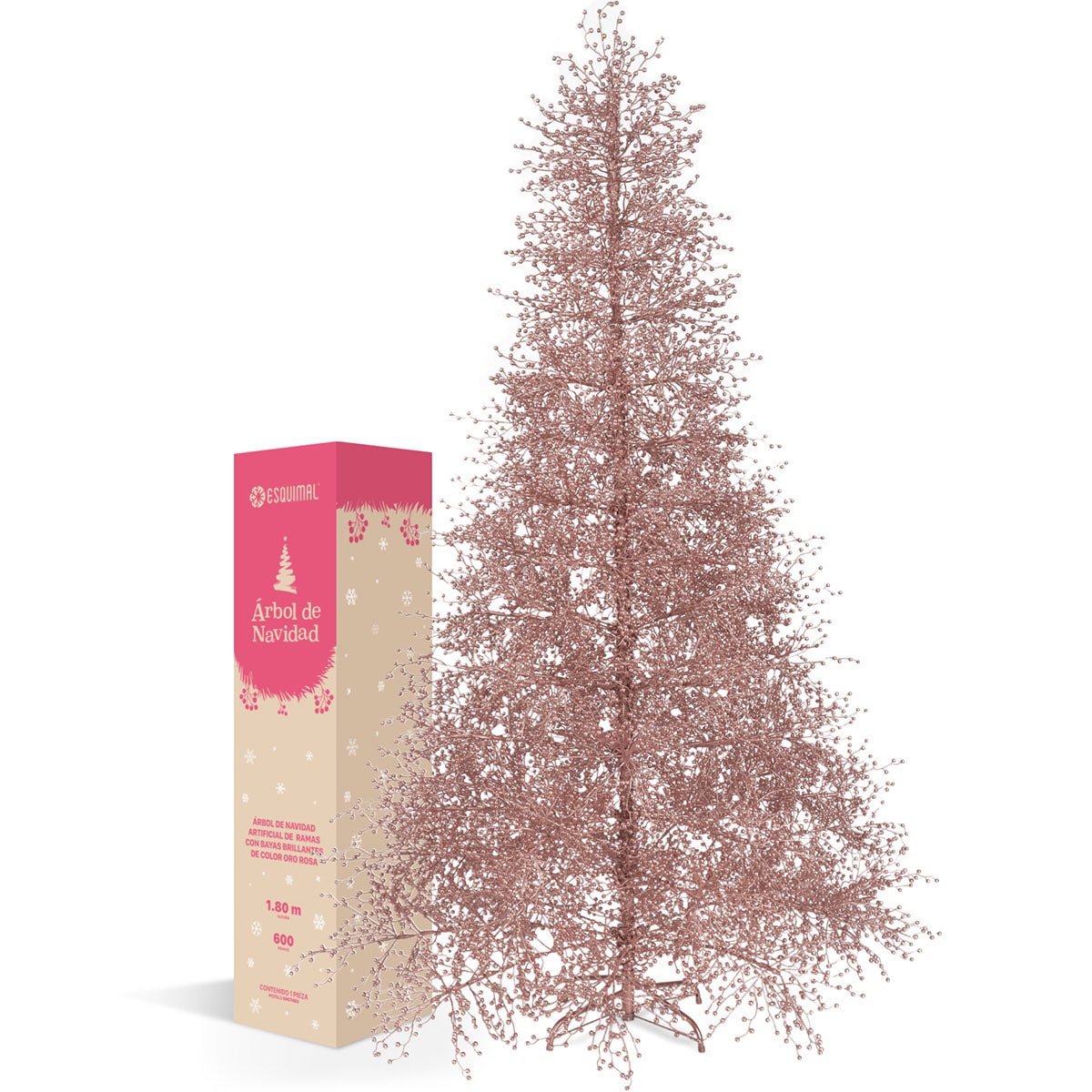 Árbol De Navidad Esquimal Pino Oro Rosa 1.80m Con 600 Ramas De Bayas Metálicas $4,999