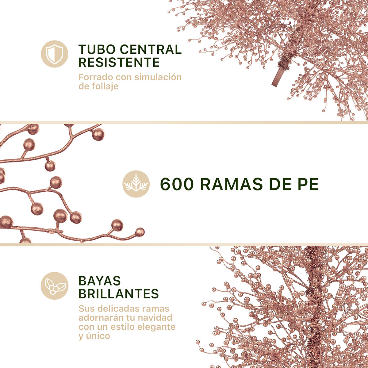 Foto 4 pulgar | Árbol De Navidad Esquimal Pino Oro Rosa 1.80m Con 600 Ramas De Bayas Metálicas