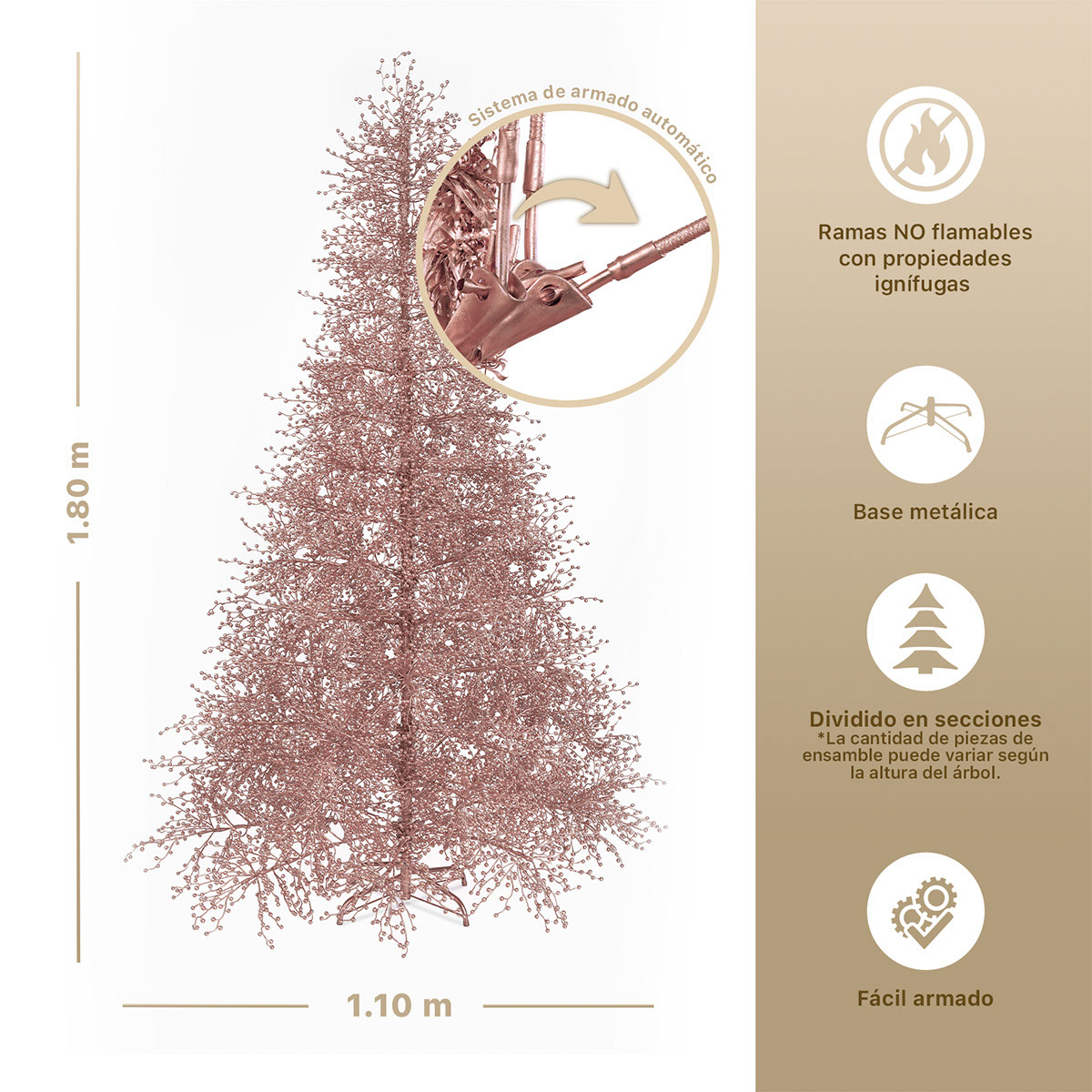 Foto 5 pulgar | Árbol De Navidad Esquimal Pino Oro Rosa 1.80m Con 600 Ramas De Bayas Metálicas