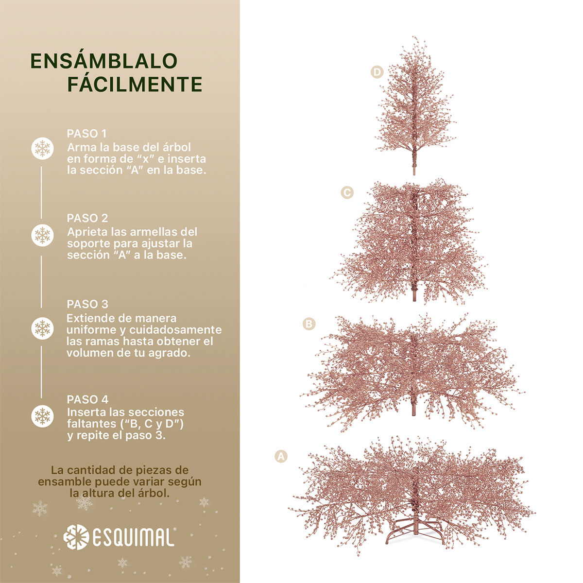 Foto 6 pulgar | Árbol De Navidad Esquimal Pino Oro Rosa 1.80m Con 600 Ramas De Bayas Metálicas