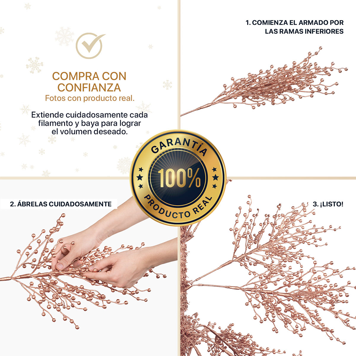 Foto 6 | Árbol De Navidad Esquimal Pino Oro Rosa 1.80m Con 600 Ramas De Bayas Metálicas